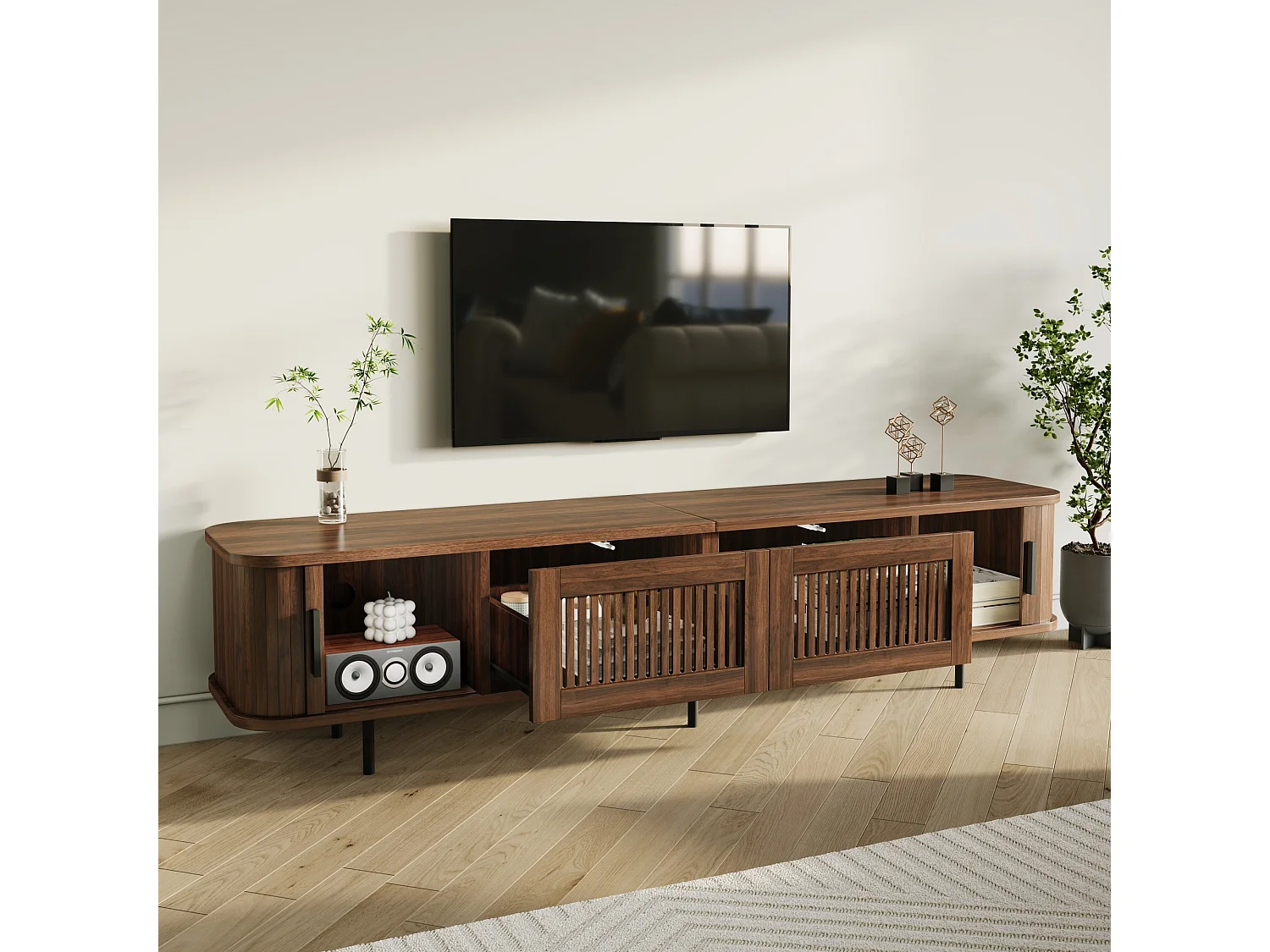 Meuble TV 180x40x44,5 cm, 2 tiroirs centraux, 2 portes coulissantes, LED contrôlable par application, passe-câbles, MDF et panneaux de particules, noyer
