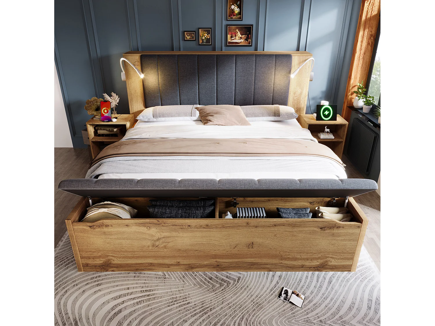 Lit coffre 180x200 cm Lit double Bois avec 2 Tables de Chevet, LED et USB Lit Complet avec Banc de Rangement, Chêne Naturel