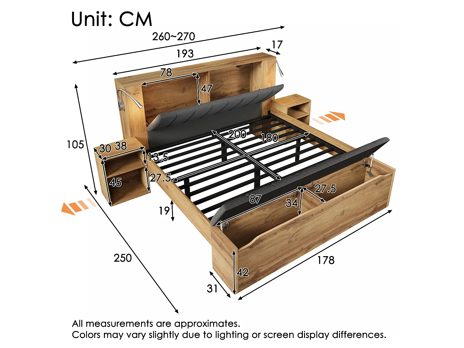 Lit coffre 180x200 cm Lit double Bois avec 2 Tables de Chevet, LED et USB Lit Complet avec Banc de Rangement, Chêne Naturel