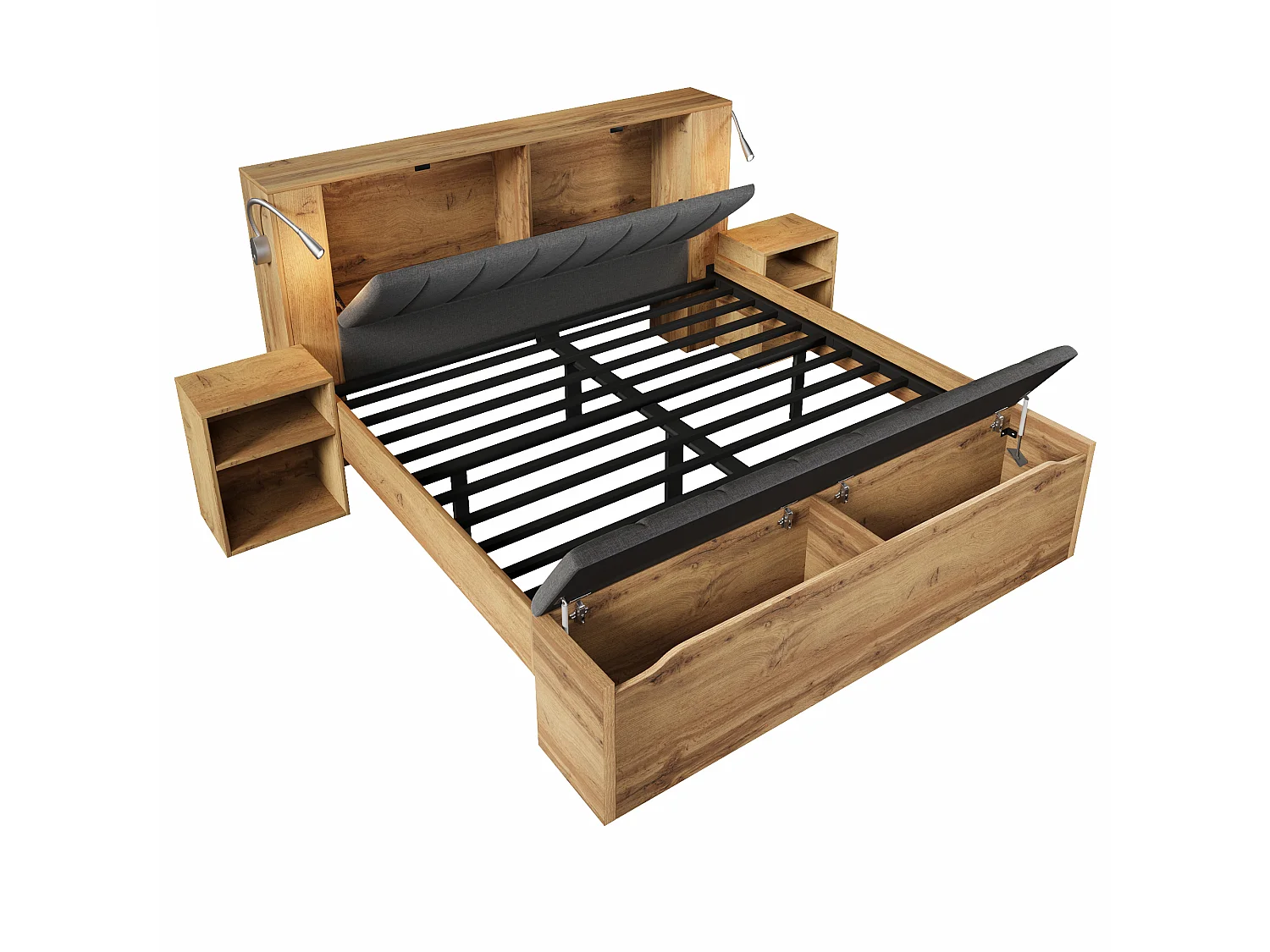 Lit coffre 180x200 cm Lit double Bois avec 2 Tables de Chevet, LED et USB Lit Complet avec Banc de Rangement, Chêne Naturel