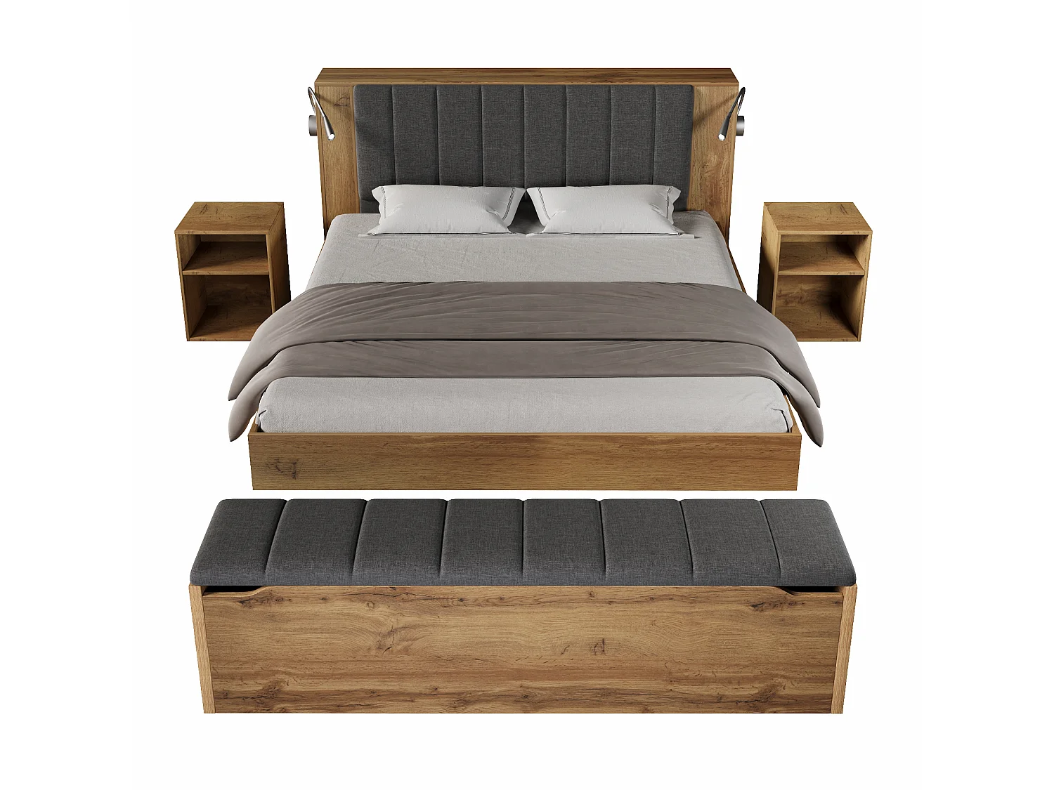Lit coffre 180x200 cm Lit double Bois avec 2 Tables de Chevet, LED et USB Lit Complet avec Banc de Rangement, Chêne Naturel