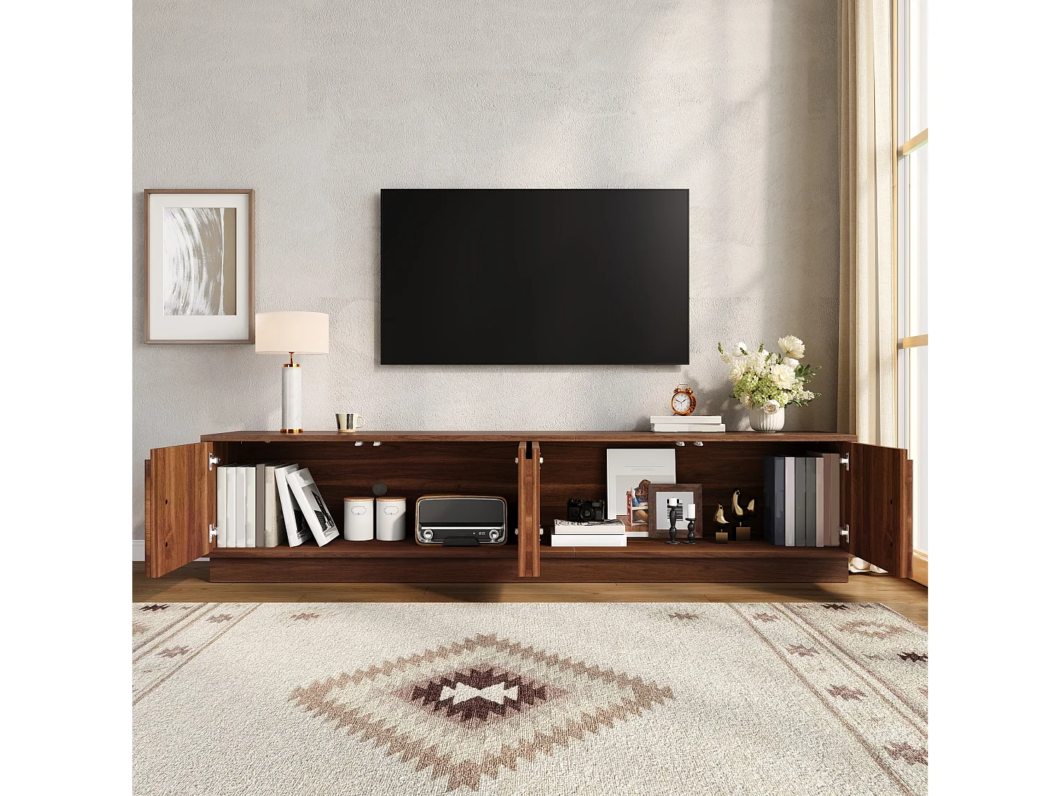 Meuble TV 180 x 40 x 44,5 cm - 4 portes push-to-open - LED multicolore - passe-câbles - MDF et métal - noyer