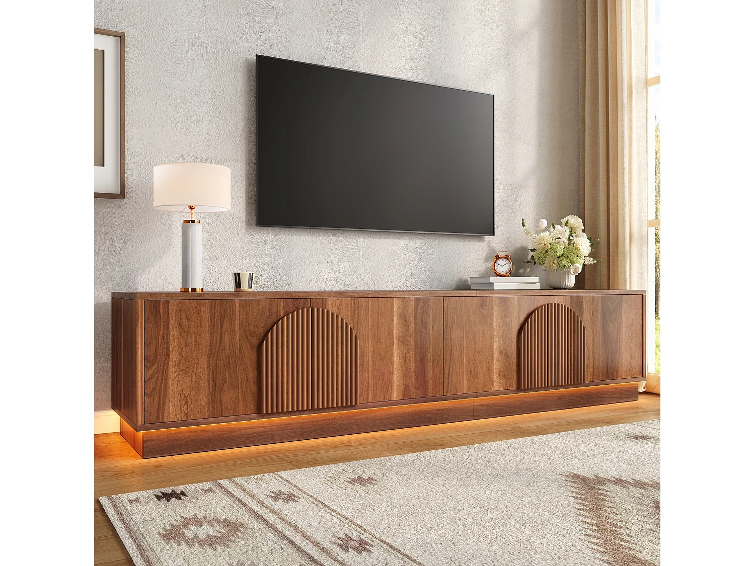 Meuble TV 180 x 40 x 44,5 cm - 4 portes push-to-open - LED multicolore - passe-câbles - MDF et métal - noyer