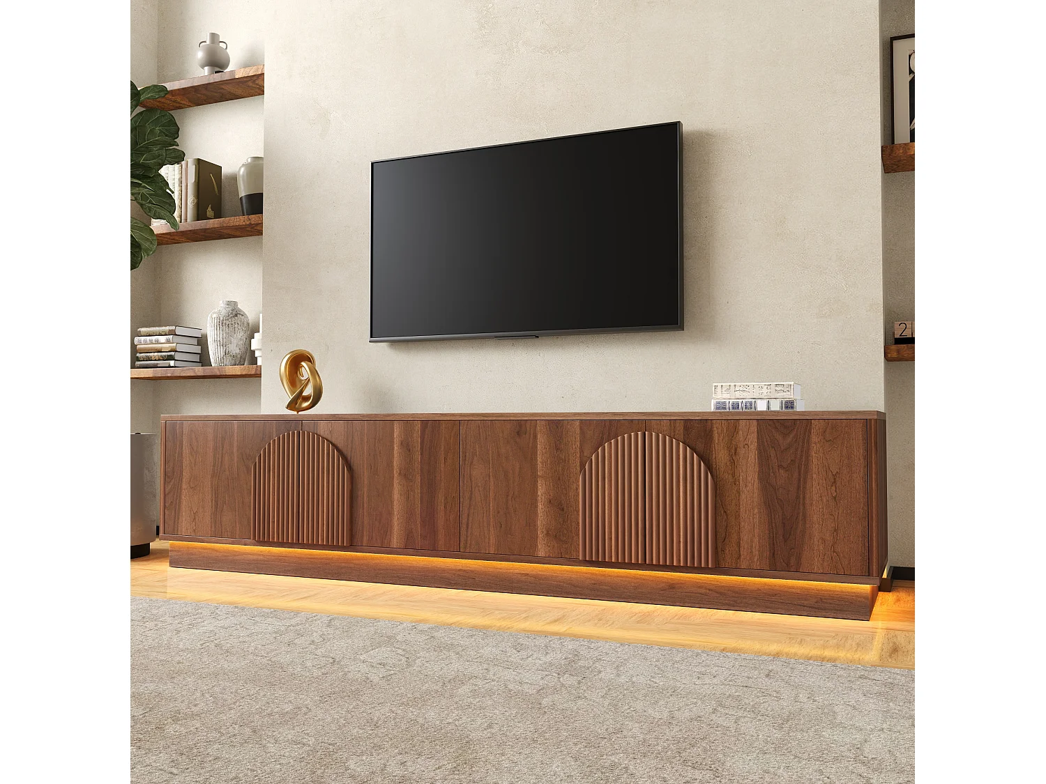 Meuble TV 180 x 40 x 44,5 cm - 4 portes push-to-open - LED multicolore - passe-câbles - MDF et métal - noyer