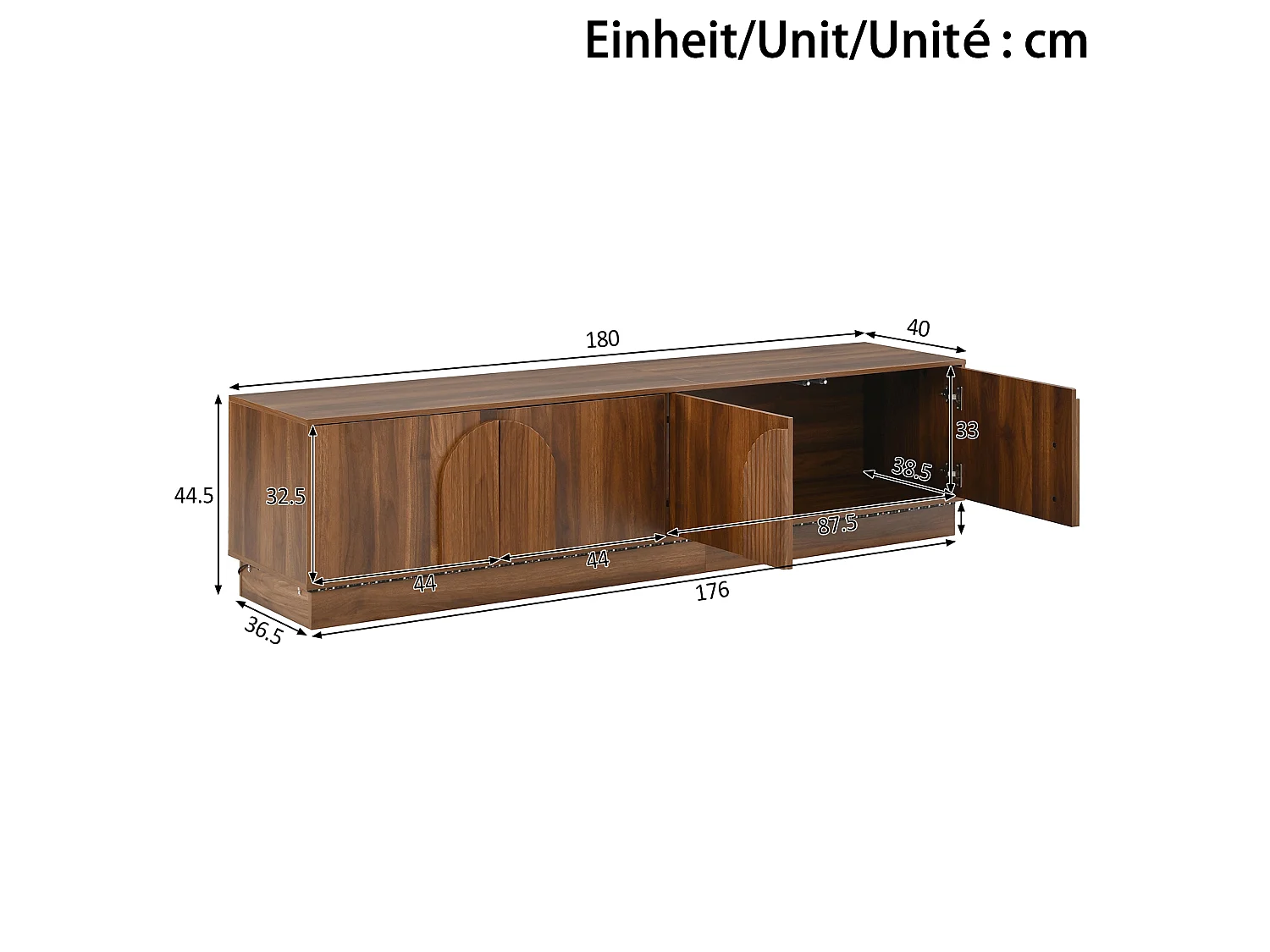 Meuble TV 180 x 40 x 44,5 cm - 4 portes push-to-open - LED multicolore - passe-câbles - MDF et métal - noyer