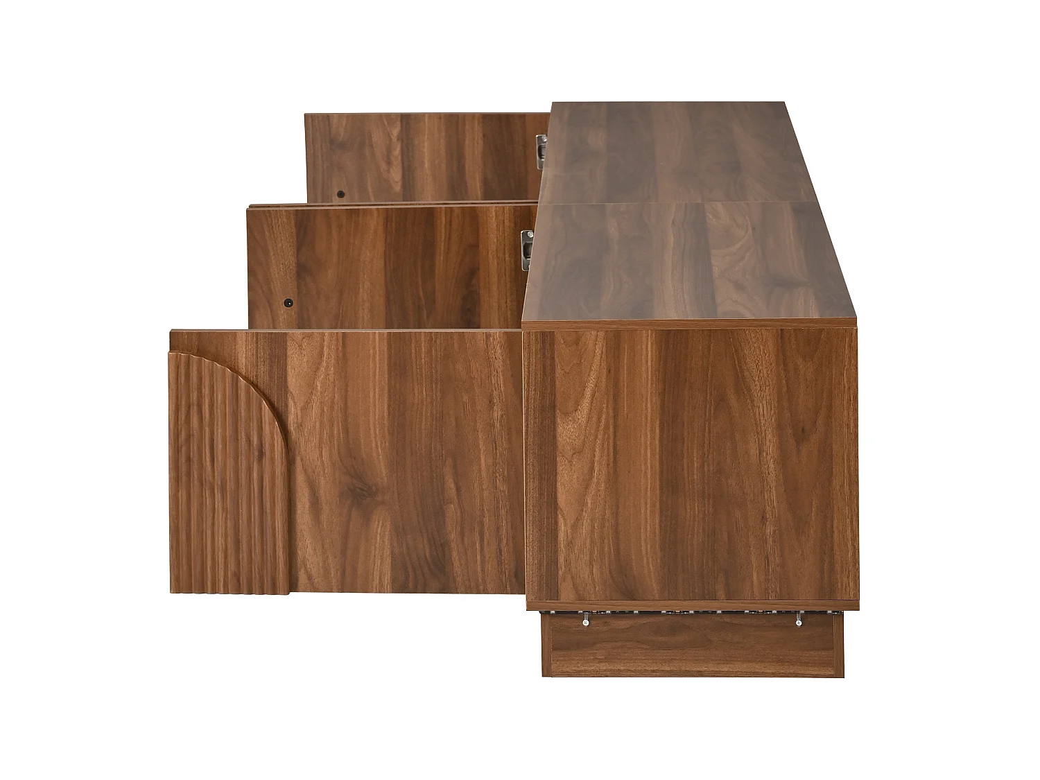 Meuble TV 180 x 40 x 44,5 cm - 4 portes push-to-open - LED multicolore - passe-câbles - MDF et métal - noyer
