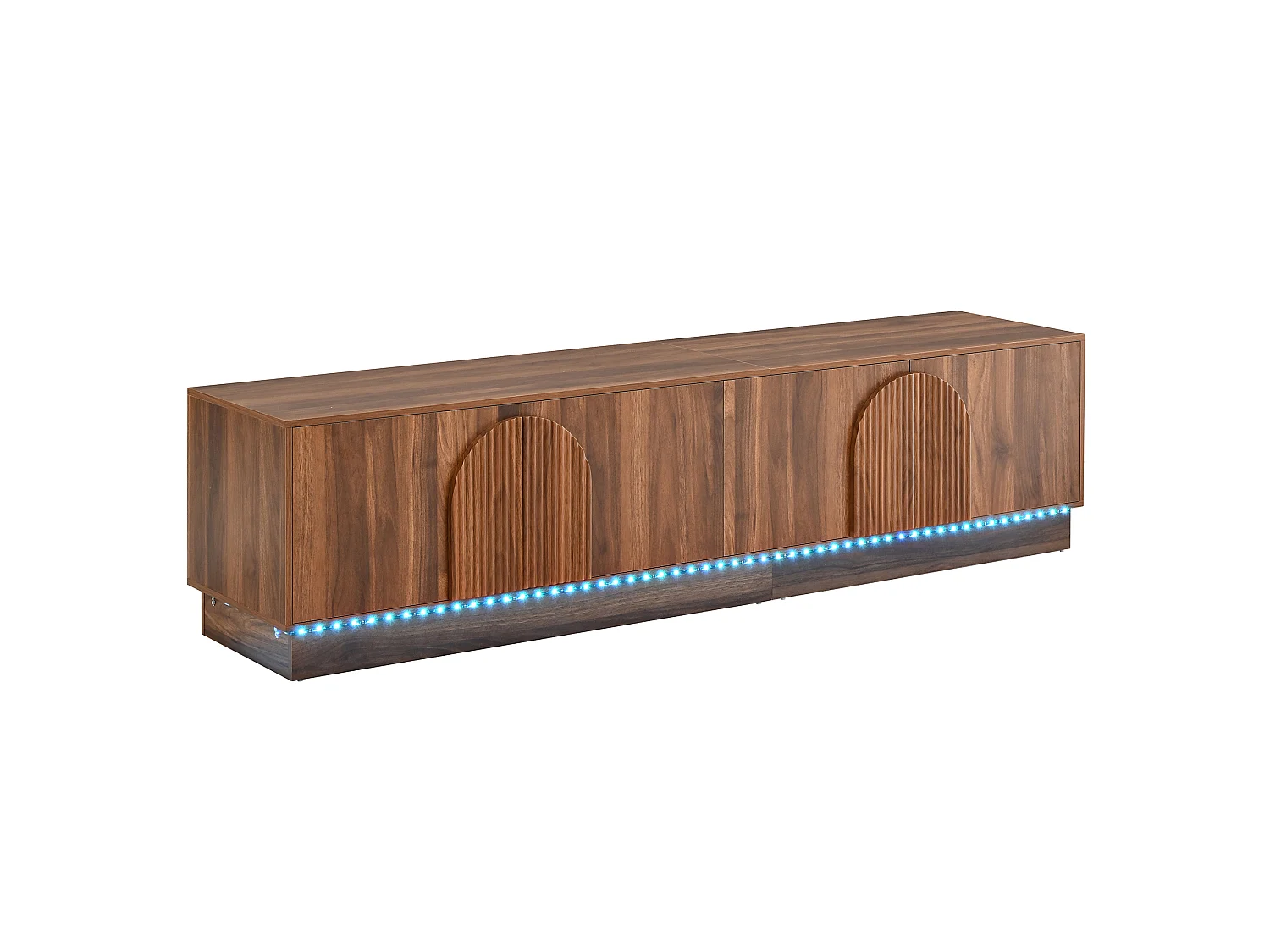 Meuble TV 180 x 40 x 44,5 cm - 4 portes push-to-open - LED multicolore - passe-câbles - MDF et métal - noyer