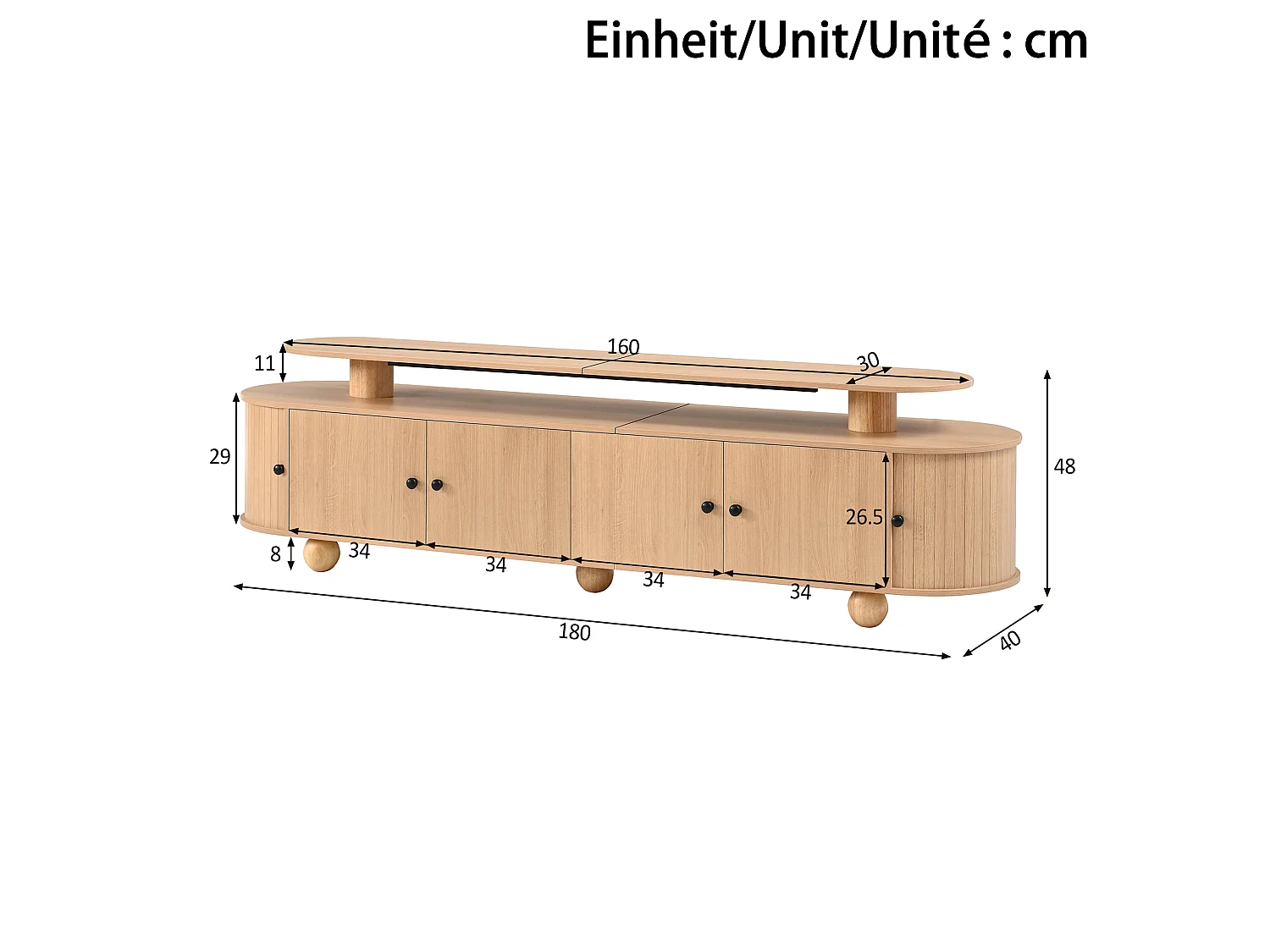 Meuble TV 180 x 40 x 48 cm - Double plateau, 4 portes centrales, 2 portes coulissantes, LED, MDF, naturel
