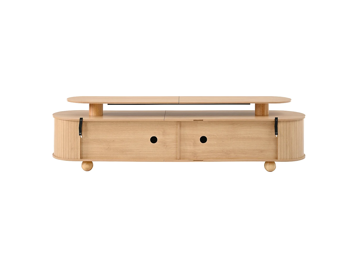 Meuble TV 180 x 40 x 48 cm - Double plateau, 4 portes centrales, 2 portes coulissantes, LED, MDF, naturel