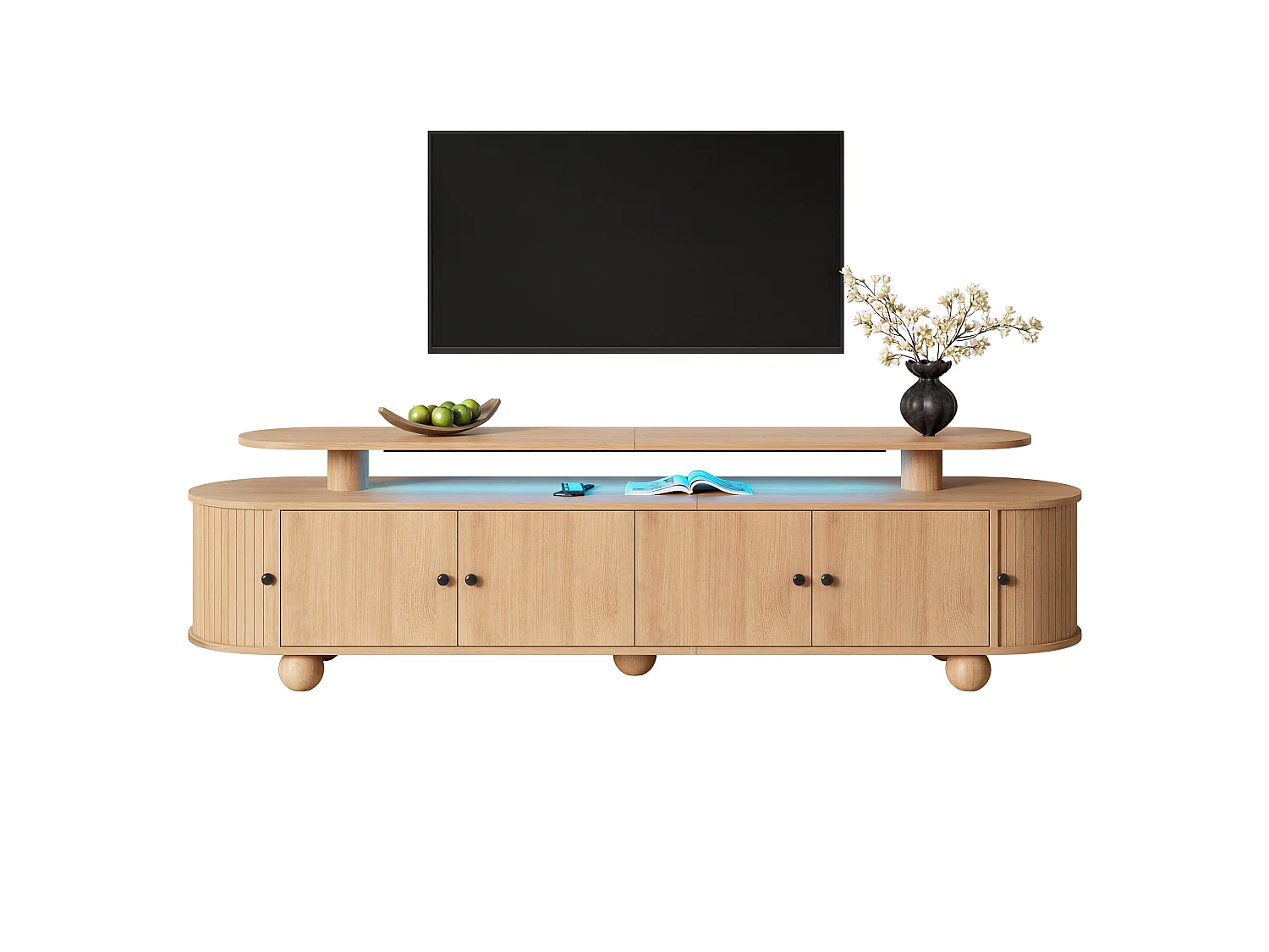 Meuble TV 180 x 40 x 48 cm - Double plateau, 4 portes centrales, 2 portes coulissantes, LED, MDF, naturel