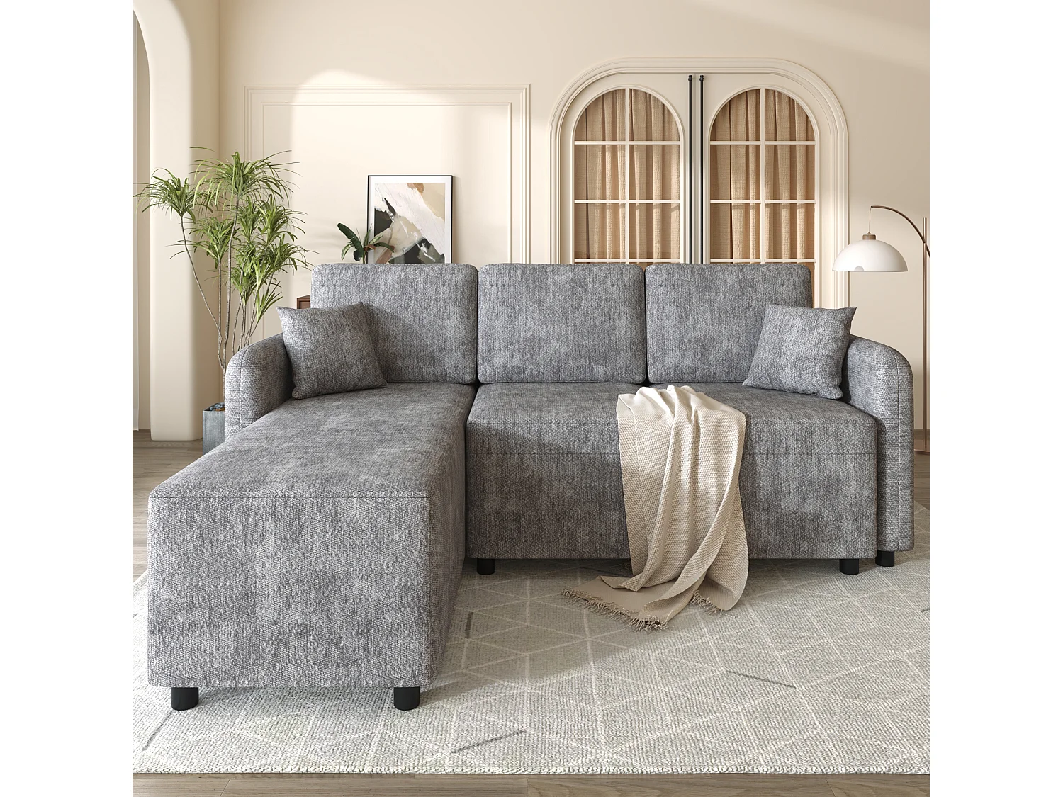 Canapé d’angle 3 places 187,5x143,8x85,5 cm, méridienne, 2 coussins, mousse haute densité, chenille, gris