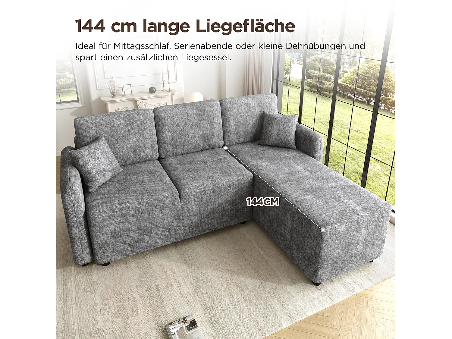 Canapé d’angle 3 places 187,5x143,8x85,5 cm, méridienne, 2 coussins, mousse haute densité, chenille, gris