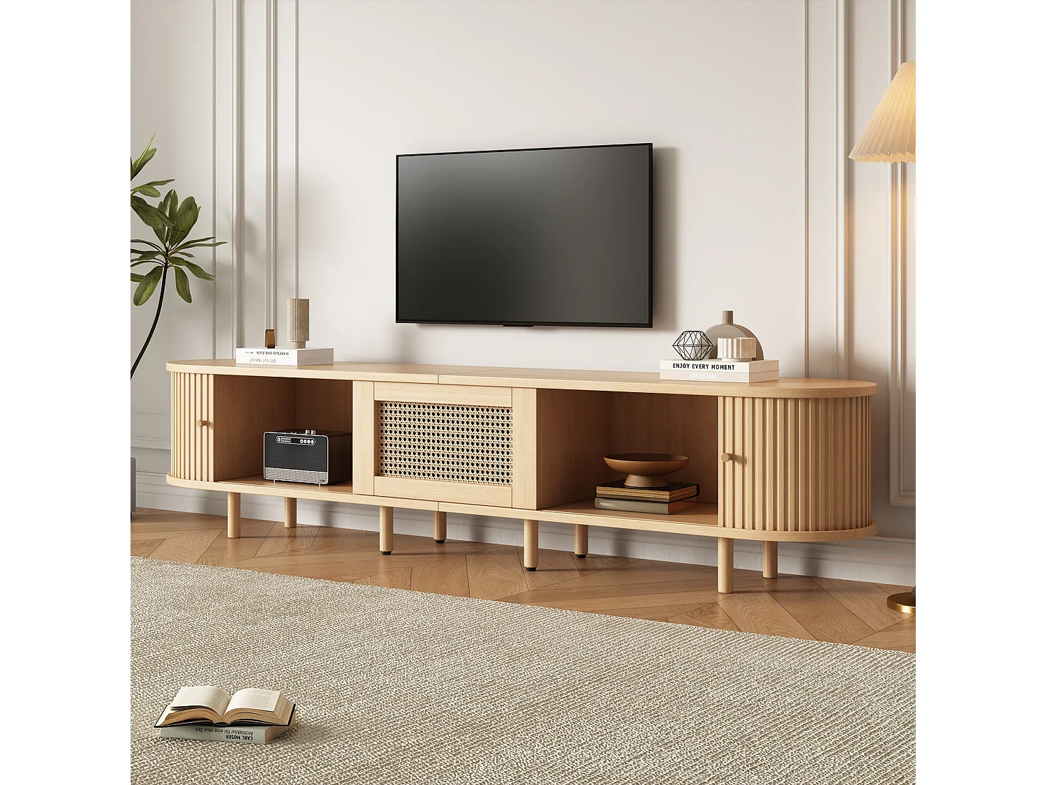Meuble TV 180 x 40 x 40 cm - TV 75 pouces - 2 portes coulissantes - 1 tiroir effet rotin - MDF bois clair