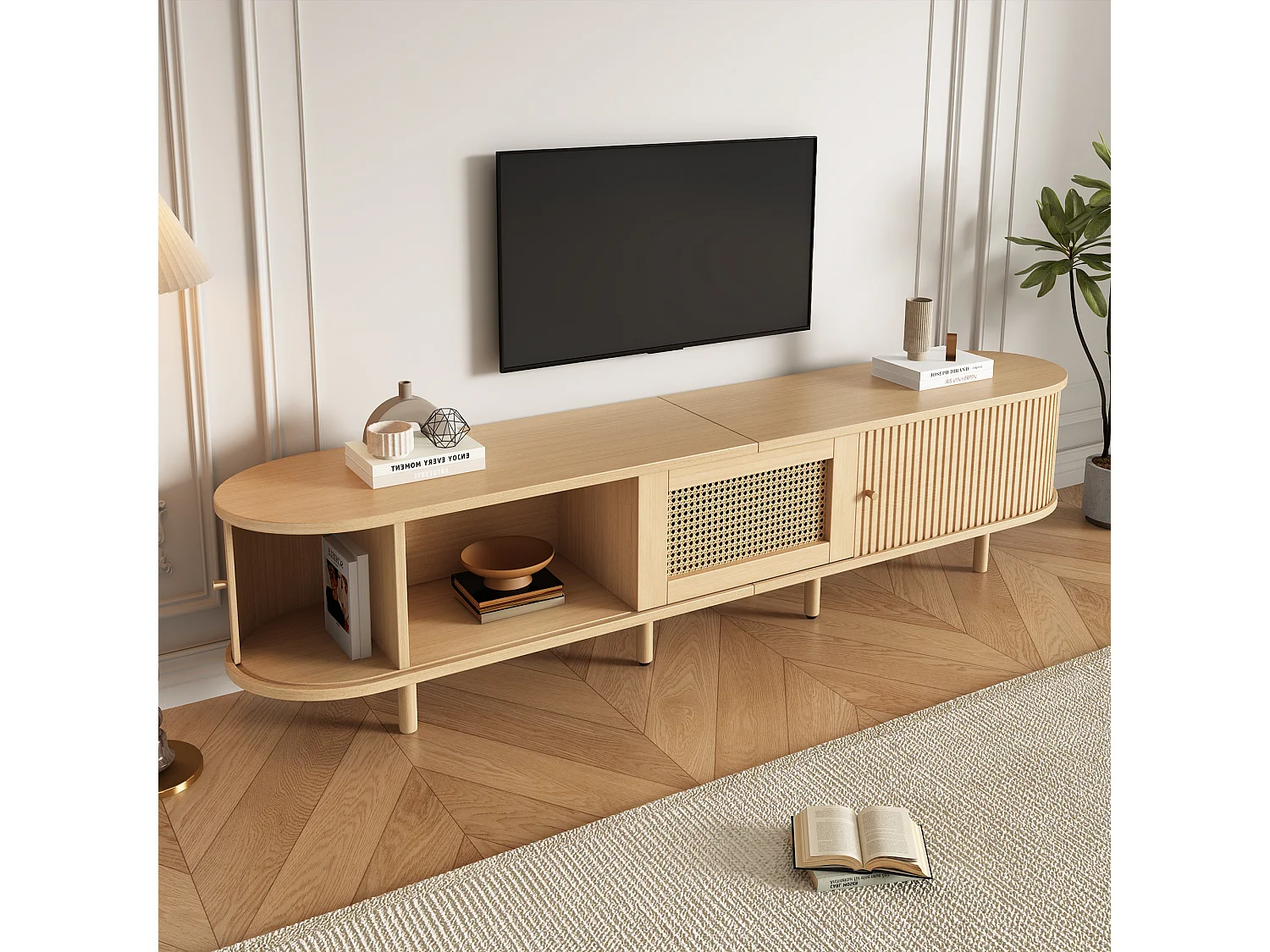 Meuble TV 180 x 40 x 40 cm - TV 75 pouces - 2 portes coulissantes - 1 tiroir effet rotin - MDF bois clair
