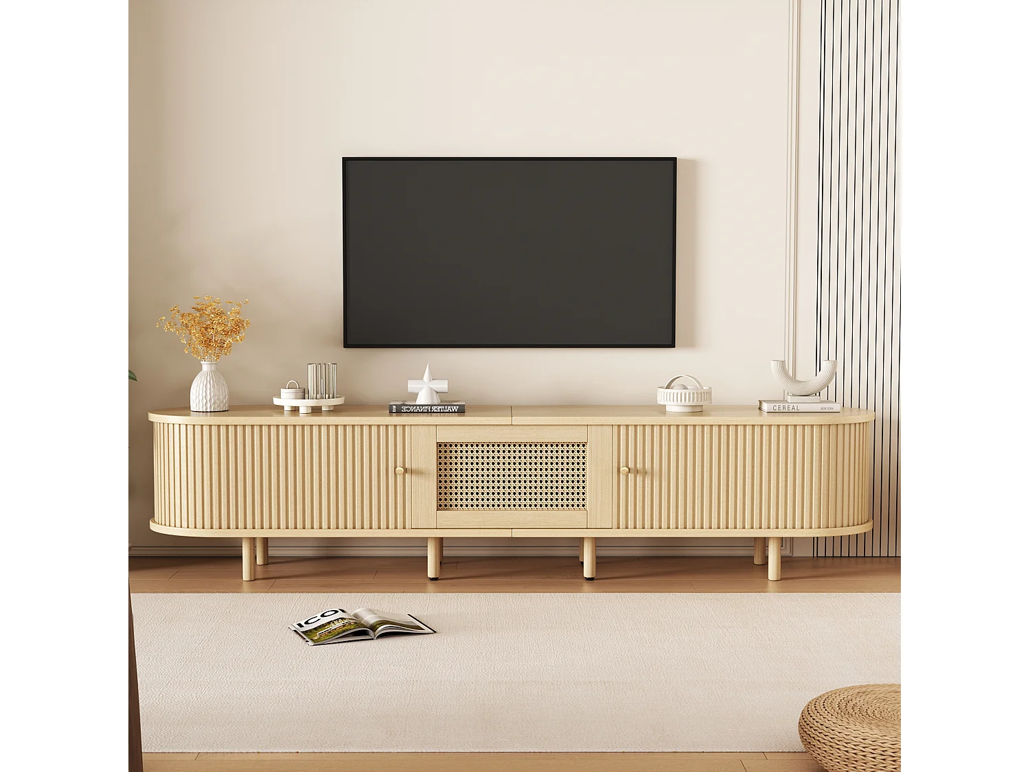 Meuble TV 180 x 40 x 40 cm - TV 75 pouces - 2 portes coulissantes - 1 tiroir effet rotin - MDF bois clair