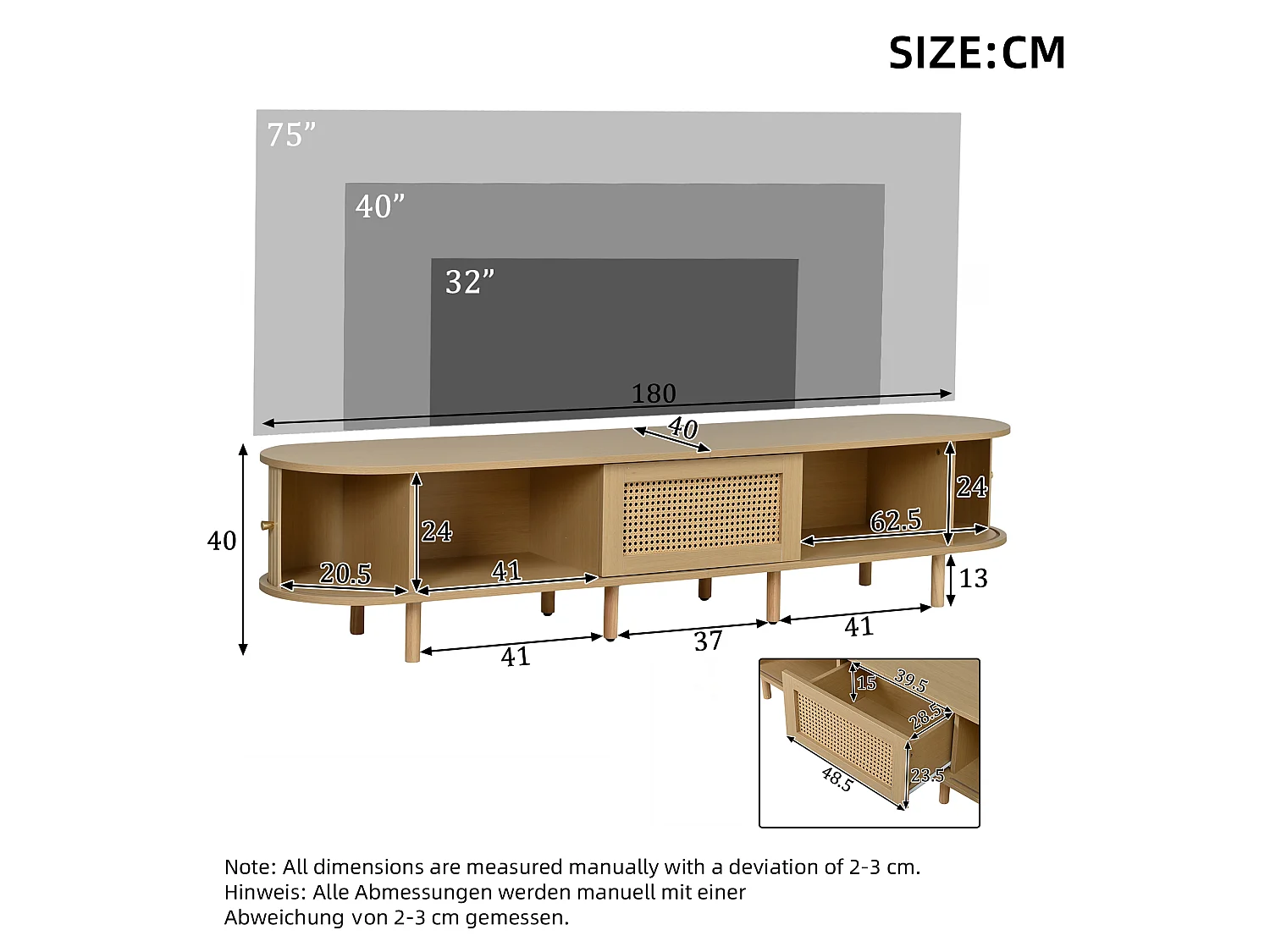 Meuble TV 180 x 40 x 40 cm - TV 75 pouces - 2 portes coulissantes - 1 tiroir effet rotin - MDF bois clair