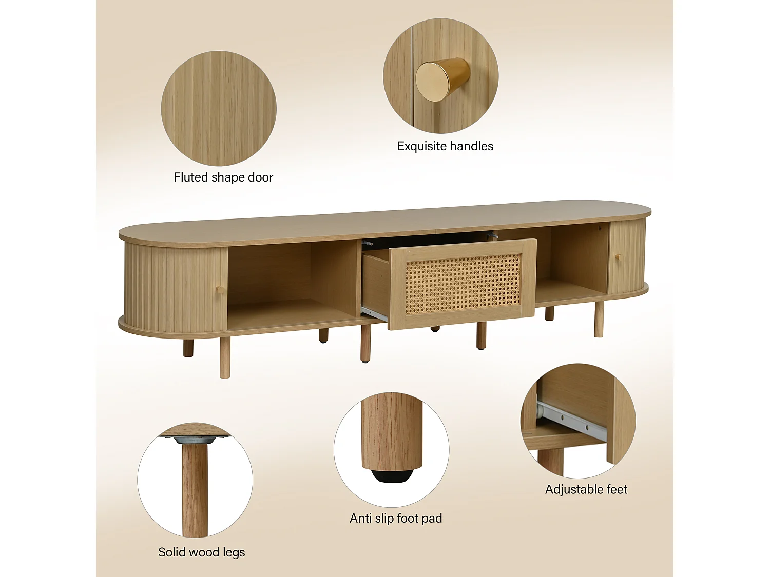 Meuble TV 180 x 40 x 40 cm - TV 75 pouces - 2 portes coulissantes - 1 tiroir effet rotin - MDF bois clair
