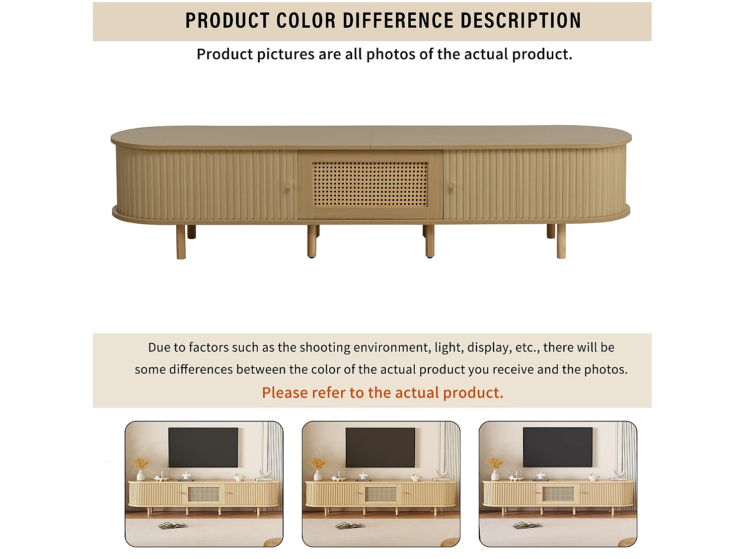 Meuble TV 180 x 40 x 40 cm - TV 75 pouces - 2 portes coulissantes - 1 tiroir effet rotin - MDF bois clair