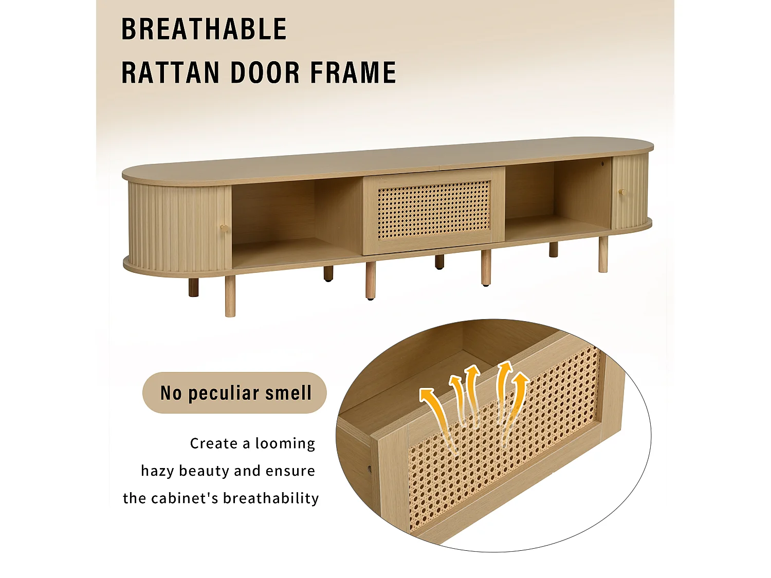 Meuble TV 180 x 40 x 40 cm - TV 75 pouces - 2 portes coulissantes - 1 tiroir effet rotin - MDF bois clair