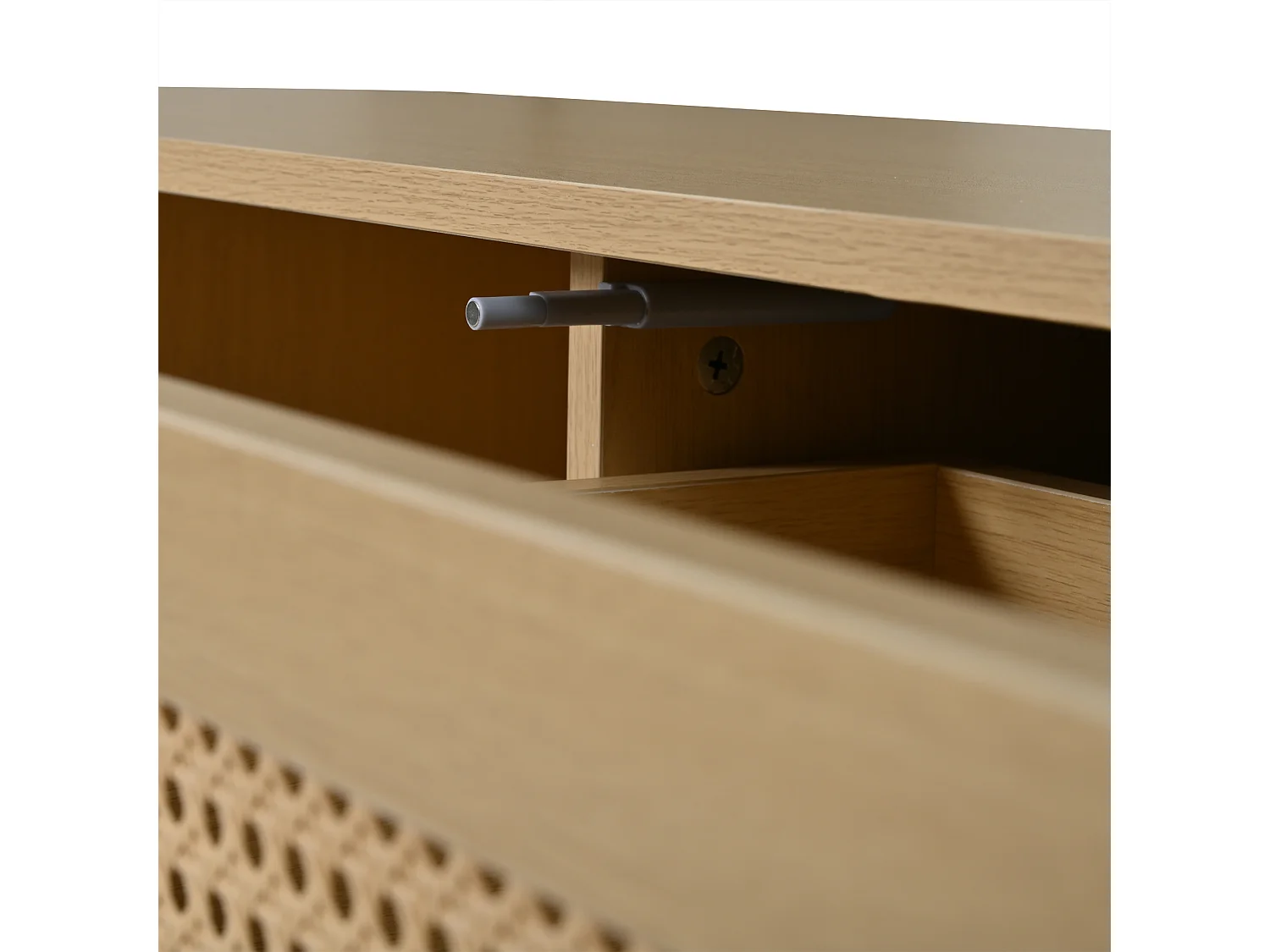 Meuble TV 180 x 40 x 40 cm - TV 75 pouces - 2 portes coulissantes - 1 tiroir effet rotin - MDF bois clair