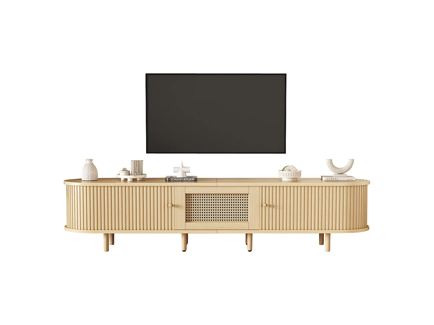 Meuble TV 180 x 40 x 40 cm - TV 75 pouces - 2 portes coulissantes - 1 tiroir effet rotin - MDF bois clair