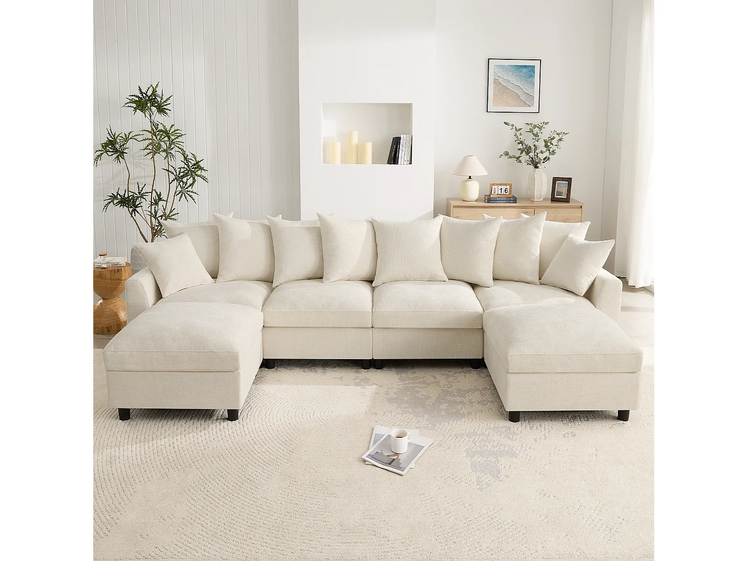 Canapé d’angle 6 places en U/L 283x153.5x78.5cm,2 poufs mobiles,USB/Type-C,coussins,chenille, beige