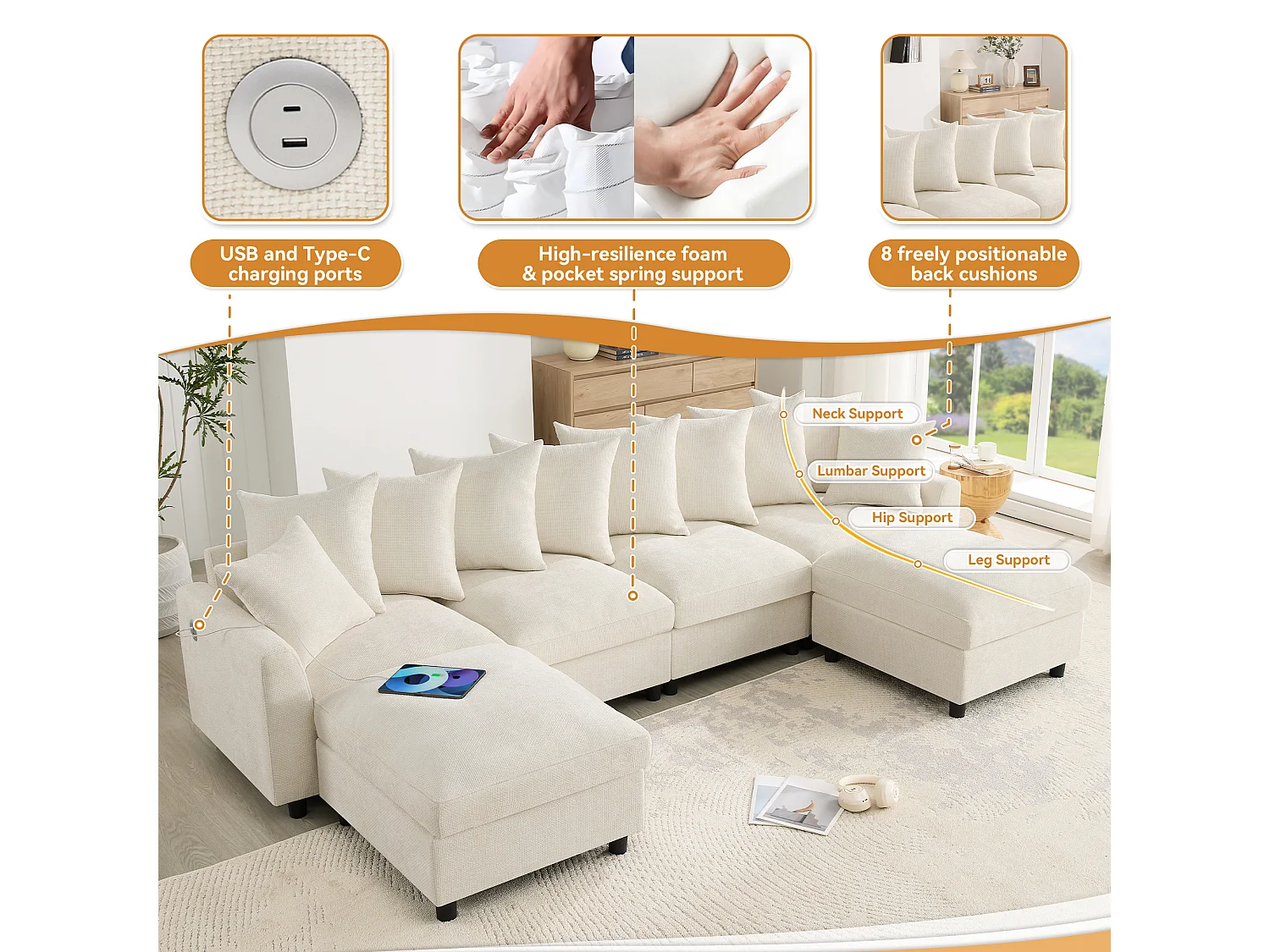Canapé d’angle 6 places en U/L 283x153.5x78.5cm,2 poufs mobiles,USB/Type-C,coussins,chenille, beige