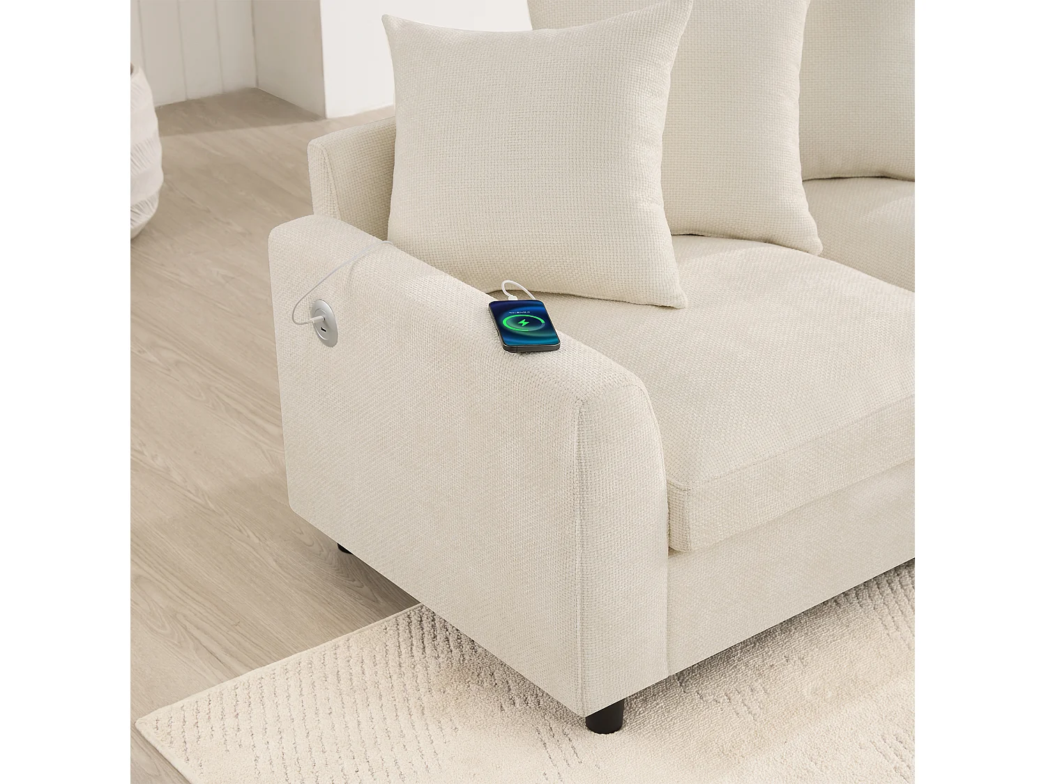 Canapé d’angle 6 places en U/L 283x153.5x78.5cm,2 poufs mobiles,USB/Type-C,coussins,chenille, beige