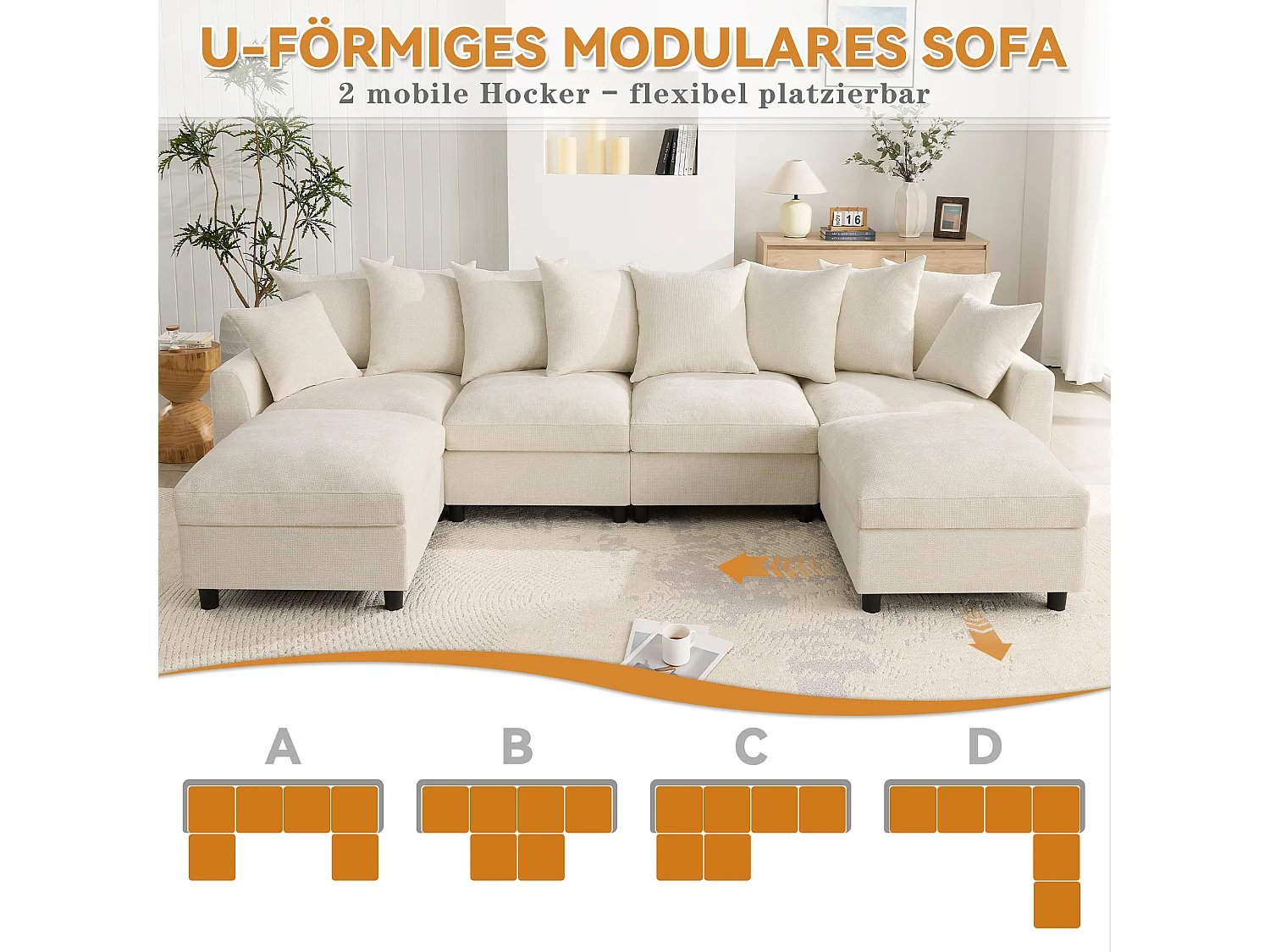 Canapé d’angle 6 places en U/L 283x153.5x78.5cm,2 poufs mobiles,USB/Type-C,coussins,chenille, beige