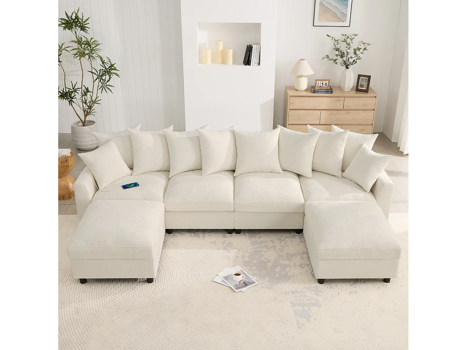 Canapé d’angle 6 places en U/L 283x153.5x78.5cm,2 poufs mobiles,USB/Type-C,coussins,chenille, beige