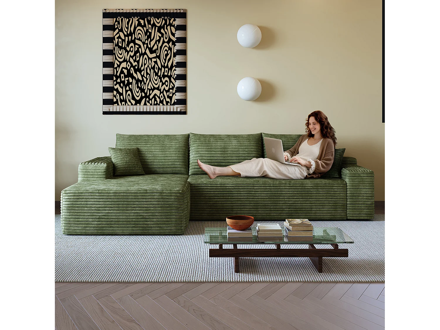 Canapé d'angle modulable 270x175x83 cm en L - mousse sans montage avec assise profonde et méridienne - Velours côtelé - vert