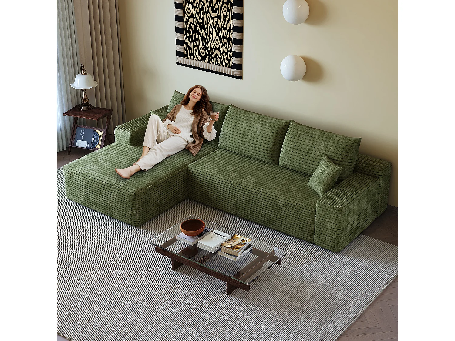 Canapé d'angle modulable 270x175x83 cm en L - mousse sans montage avec assise profonde et méridienne - Velours côtelé - vert