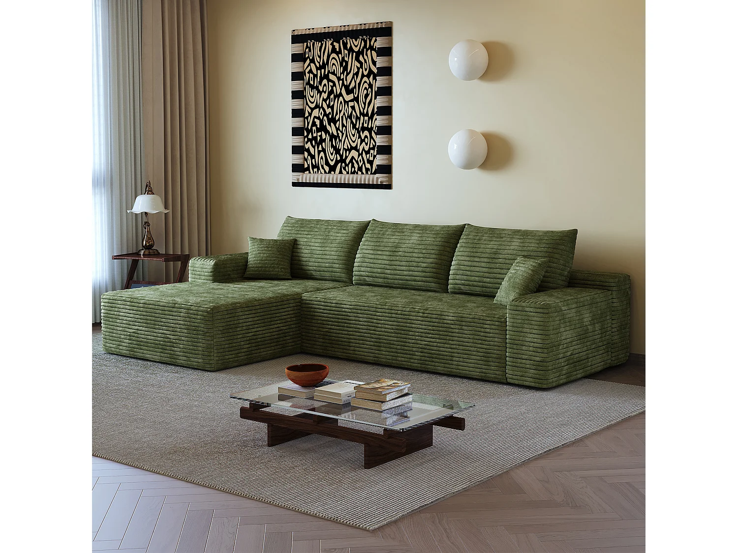 Canapé d'angle modulable 270x175x83 cm en L - mousse sans montage avec assise profonde et méridienne - Velours côtelé - vert