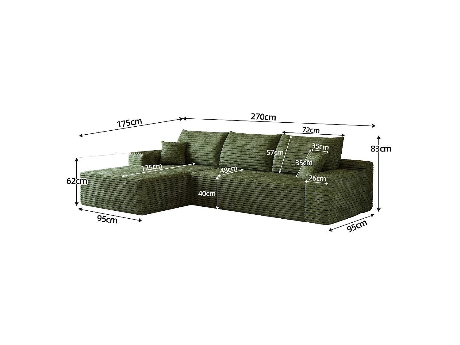 Canapé d'angle modulable 270x175x83 cm en L - mousse sans montage avec assise profonde et méridienne - Velours côtelé - vert