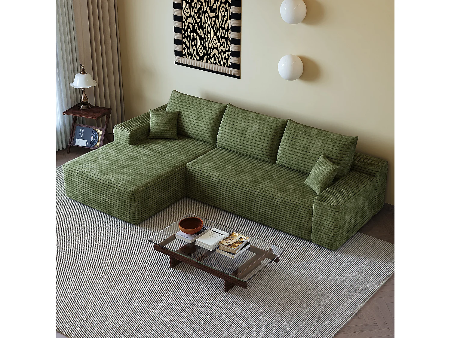 Canapé d'angle modulable 270x175x83 cm en L - mousse sans montage avec assise profonde et méridienne - Velours côtelé - vert