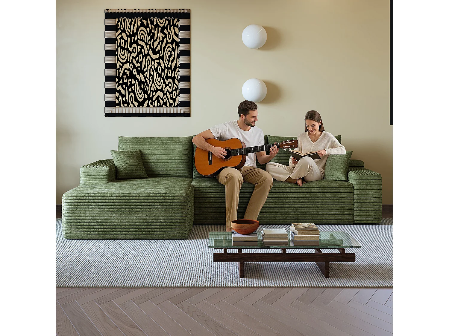 Canapé d'angle modulable 270x175x83 cm en L - mousse sans montage avec assise profonde et méridienne - Velours côtelé - vert
