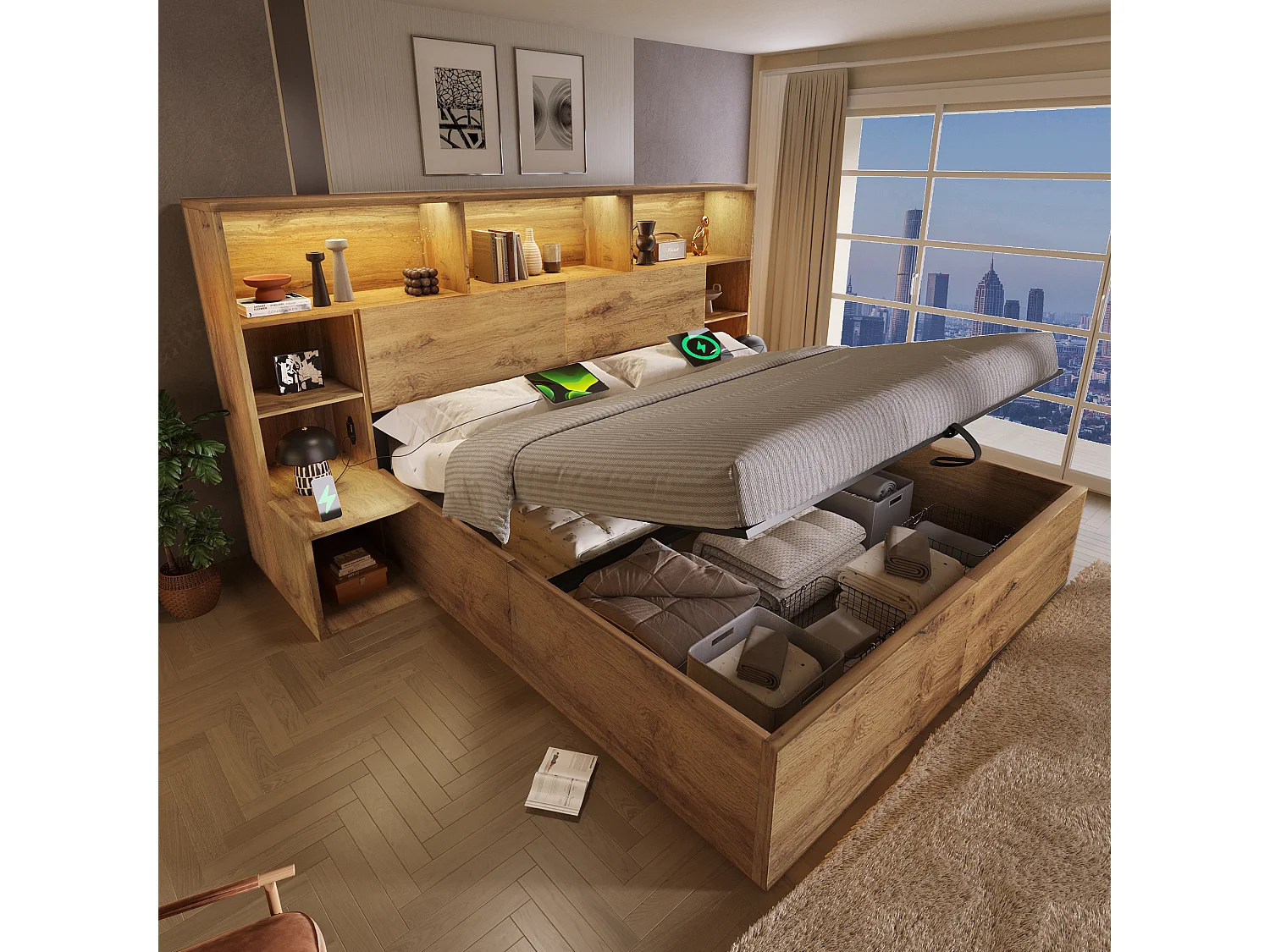 Lit coffre bois 180x200 cm lit double adulte avec LED & USB, Sommier Hydraulique, Tables de Chevet Intégrées et Rangement Tête de Lit - Design Moderne - Chêne