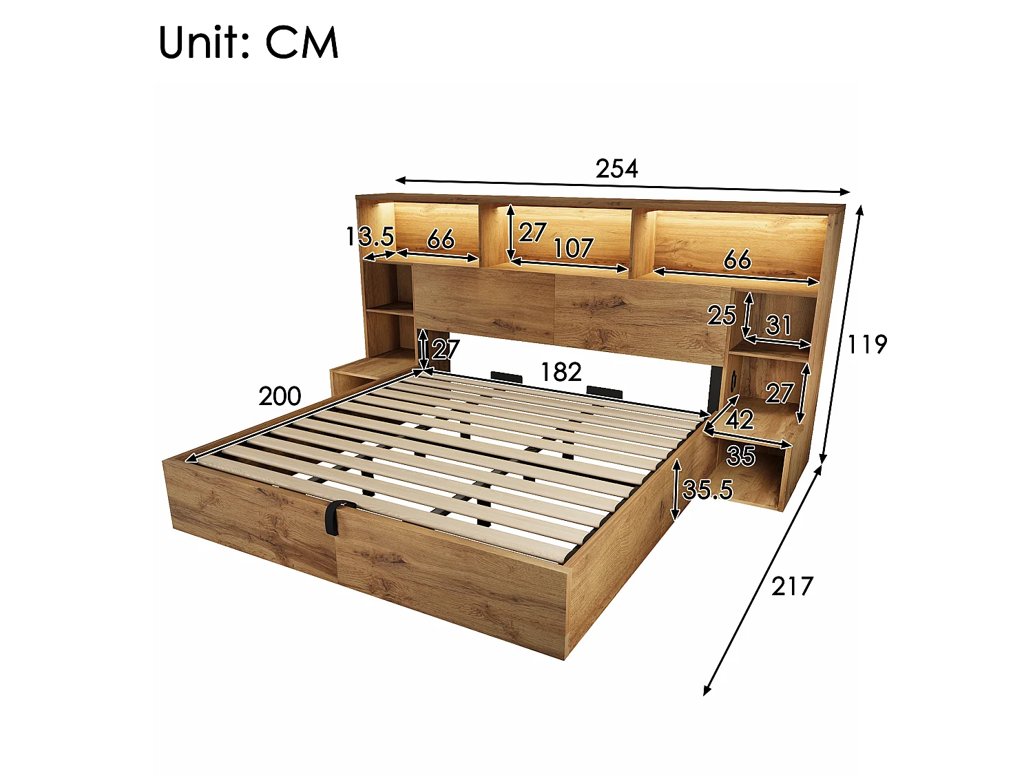 Lit coffre bois 180x200 cm lit double adulte avec LED & USB, Sommier Hydraulique, Tables de Chevet Intégrées et Rangement Tête de Lit - Design Moderne - Chêne