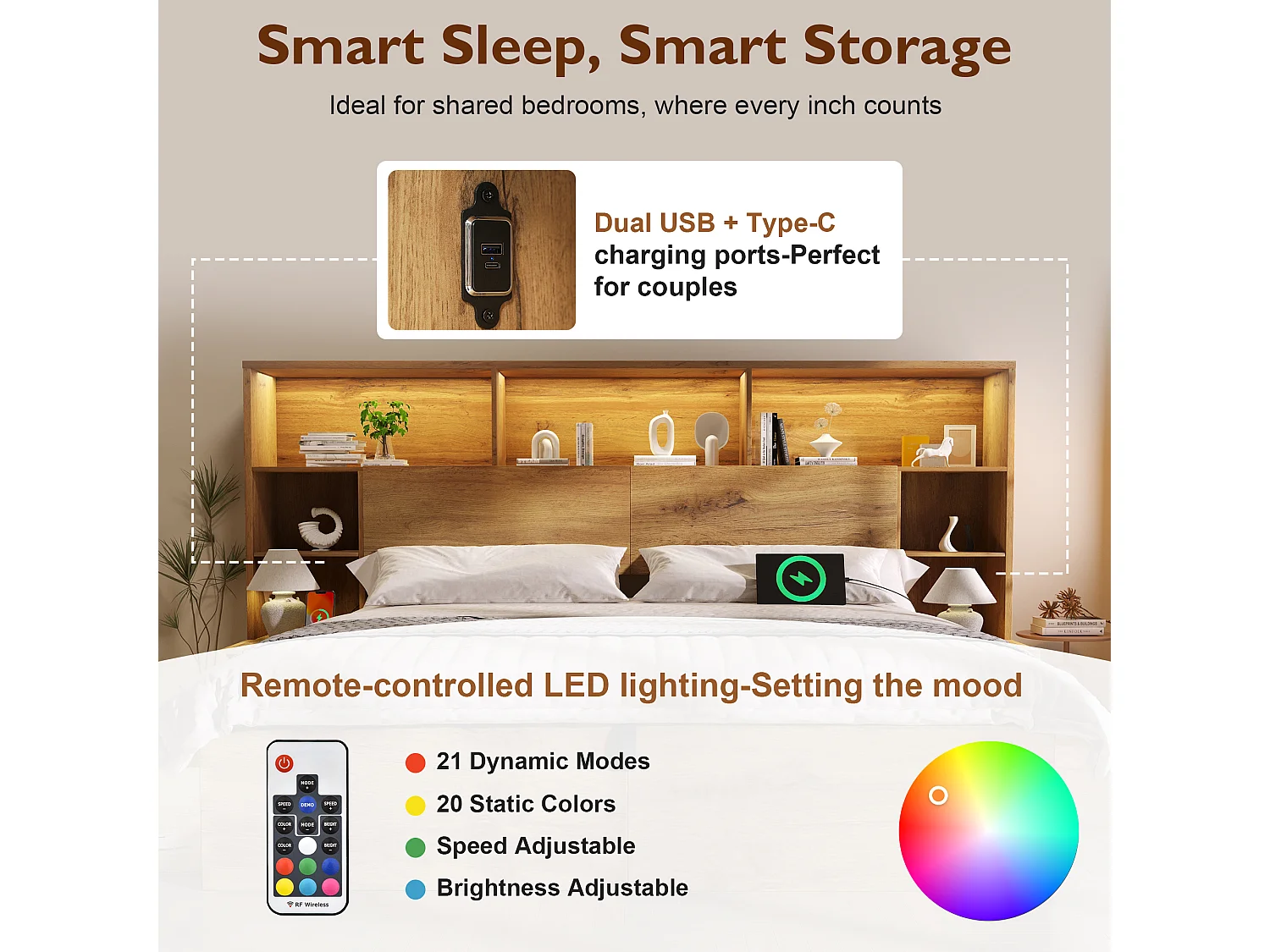 Lit coffre bois 180x200 cm lit double adulte avec LED & USB, Sommier Hydraulique, Tables de Chevet Intégrées et Rangement Tête de Lit - Design Moderne - Chêne