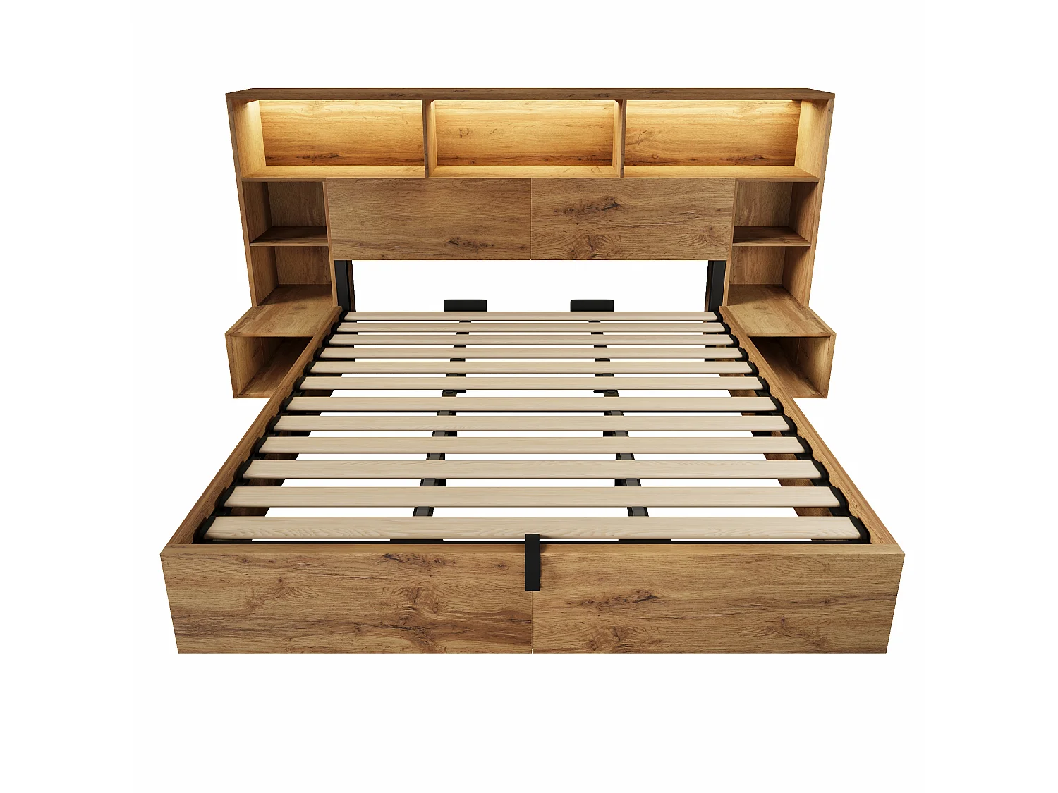Lit coffre bois 180x200 cm lit double adulte avec LED & USB, Sommier Hydraulique, Tables de Chevet Intégrées et Rangement Tête de Lit - Design Moderne - Chêne