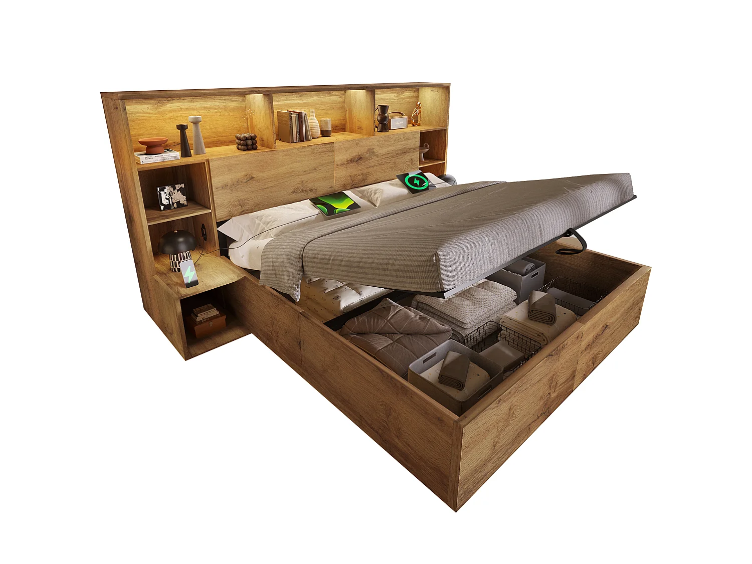 Lit coffre bois 180x200 cm lit double adulte avec LED & USB, Sommier Hydraulique, Tables de Chevet Intégrées et Rangement Tête de Lit - Design Moderne - Chêne