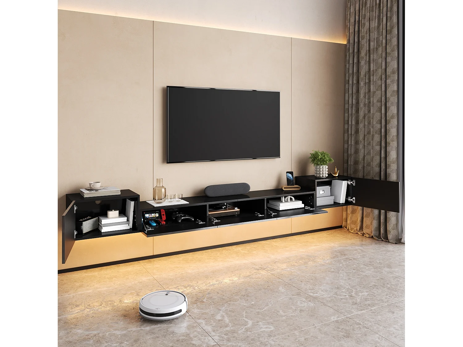 Meuble TV Suspendu 245 x 30 x 26 cm - Portes Brillantes - LED App - Passe-Câbles - panneaux de particules et MDF - Noir