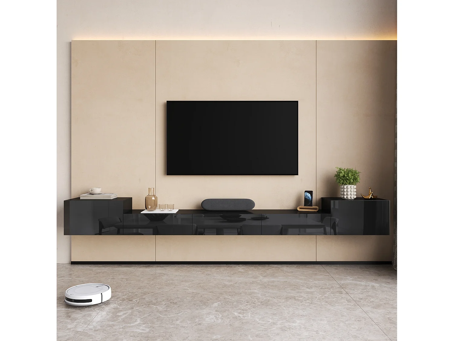 Meuble TV Suspendu 245 x 30 x 26 cm - Portes Brillantes - LED App - Passe-Câbles - panneaux de particules et MDF - Noir
