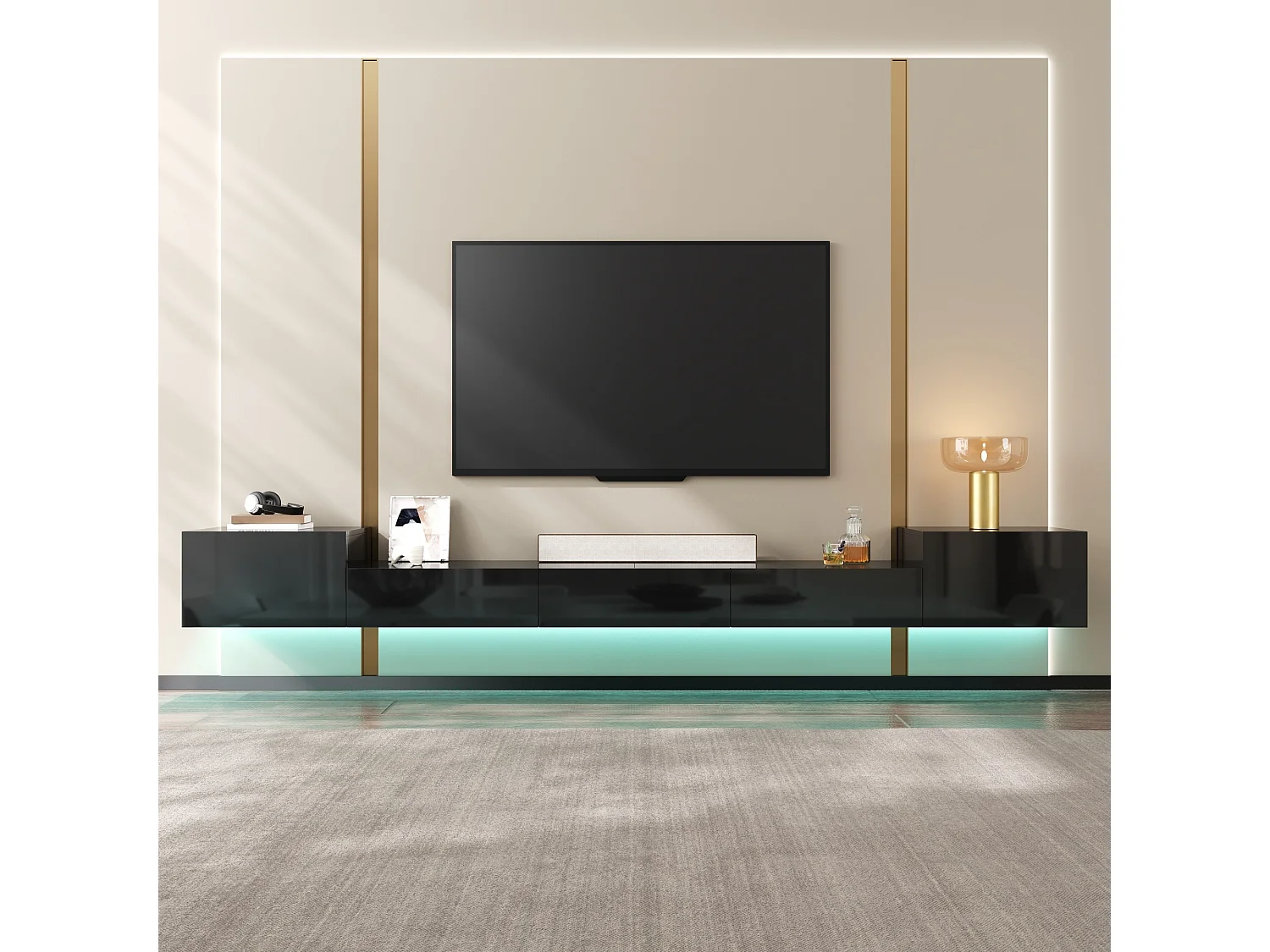 Meuble TV Suspendu 245 x 30 x 26 cm - Portes Brillantes - LED App - Passe-Câbles - panneaux de particules et MDF - Noir