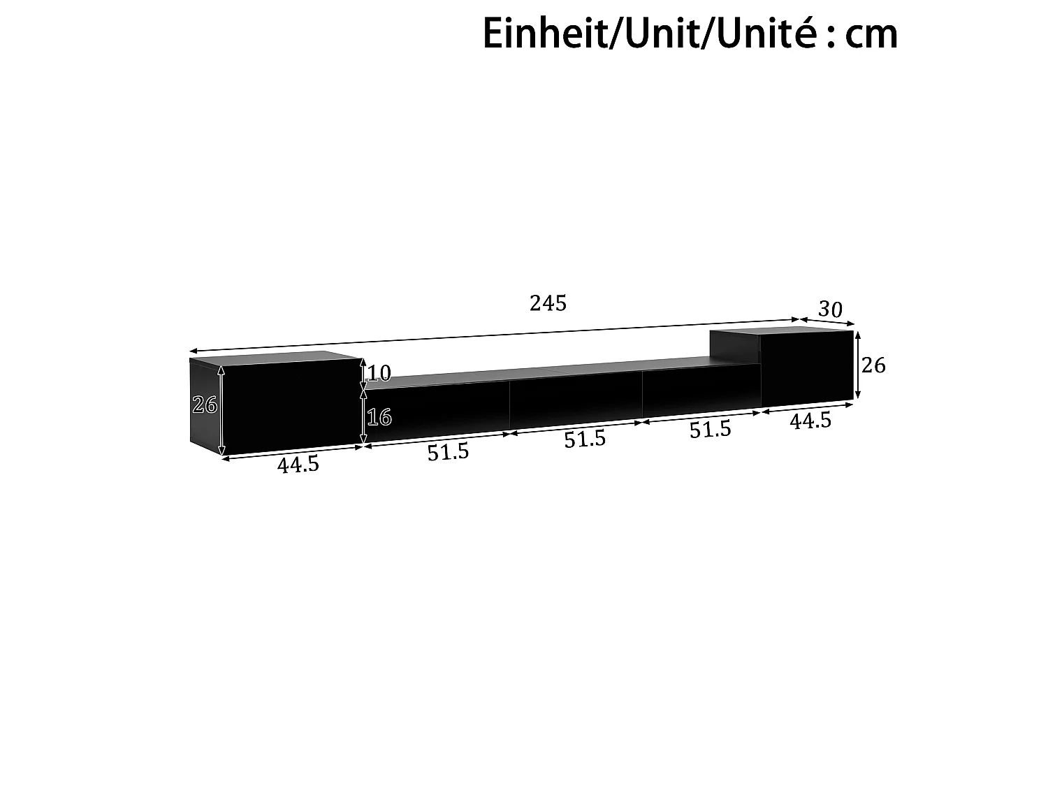 Meuble TV Suspendu 245 x 30 x 26 cm - Portes Brillantes - LED App - Passe-Câbles - panneaux de particules et MDF - Noir