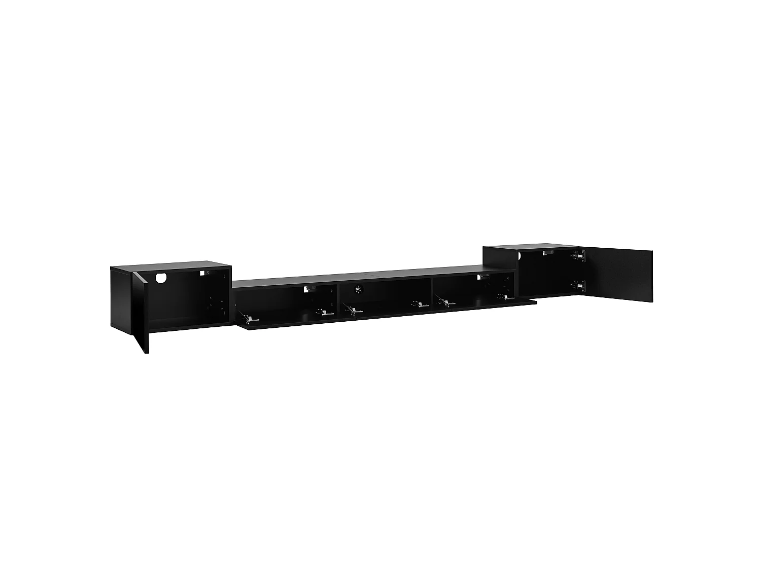Meuble TV Suspendu 245 x 30 x 26 cm - Portes Brillantes - LED App - Passe-Câbles - panneaux de particules et MDF - Noir