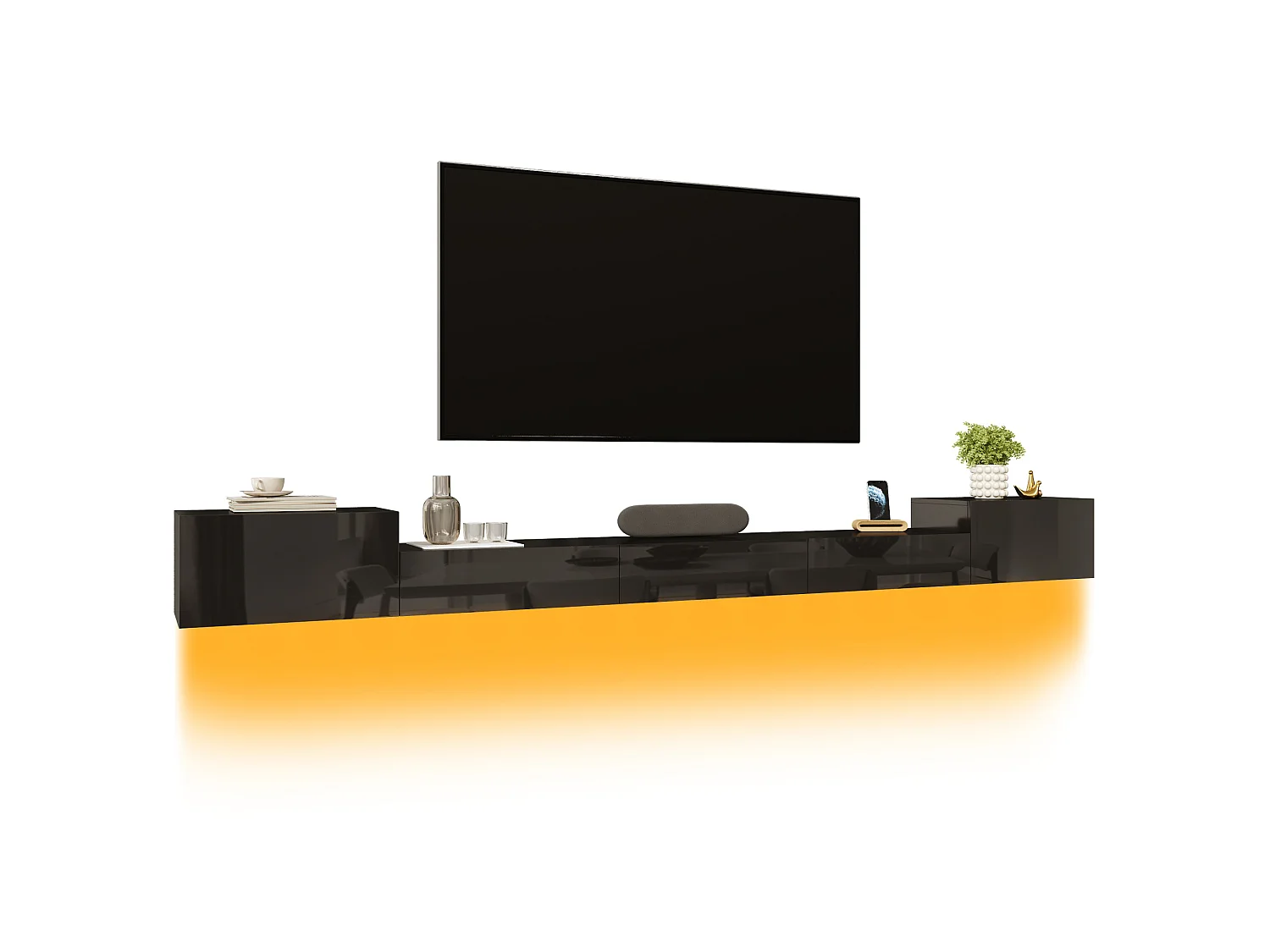 Meuble TV Suspendu 245 x 30 x 26 cm - Portes Brillantes - LED App - Passe-Câbles - panneaux de particules et MDF - Noir