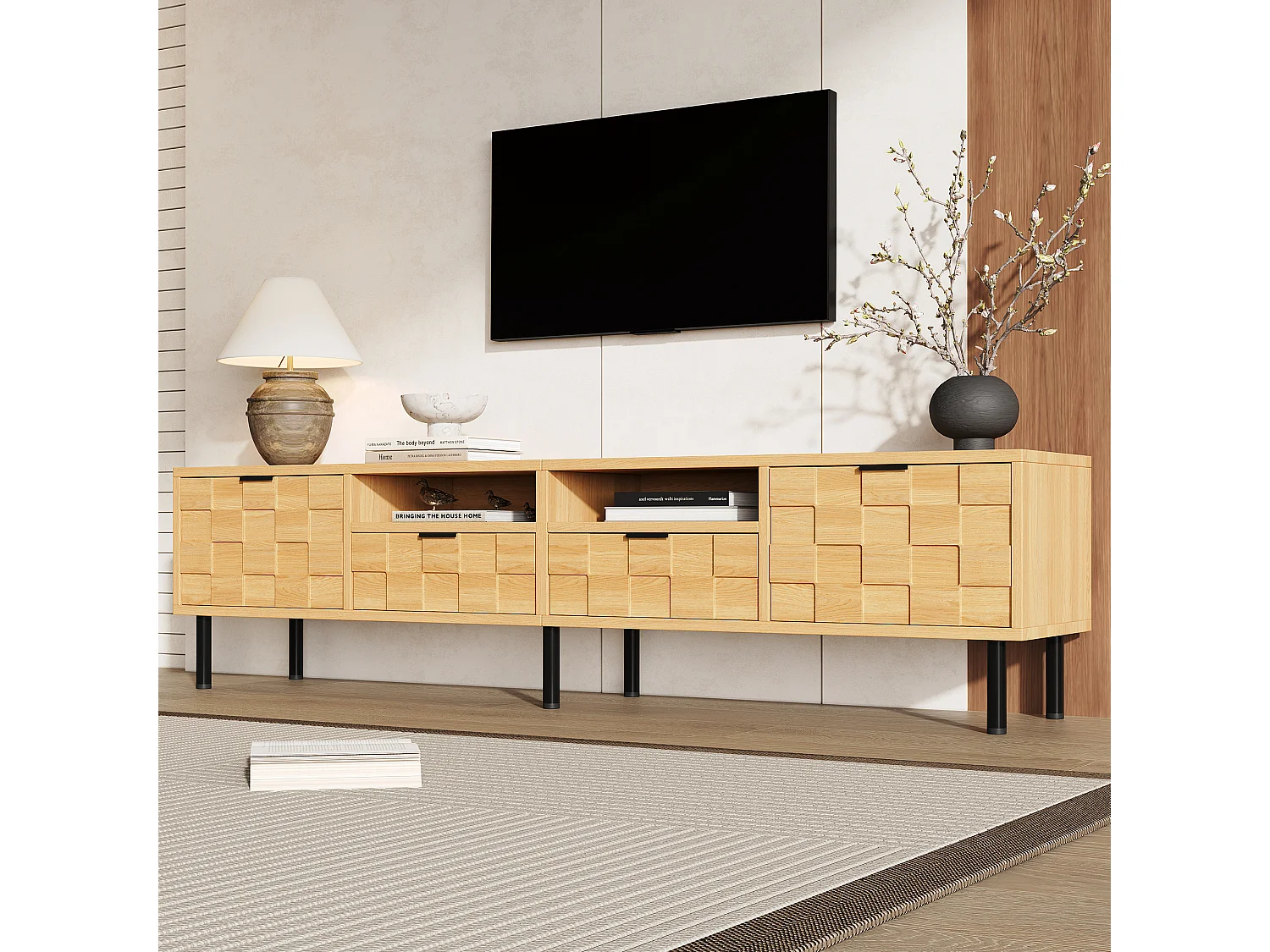 Meuble TV 200 x 35 x 44,5 cm - 2 portes - 2 tiroirs - 2 niches ouvertes - panneaux de particules et MDF - bois naturel