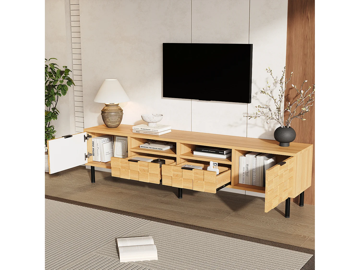 Meuble TV 200 x 35 x 44,5 cm - 2 portes - 2 tiroirs - 2 niches ouvertes - panneaux de particules et MDF - bois naturel