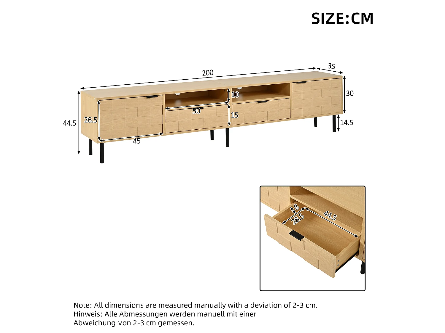 Meuble TV 200 x 35 x 44,5 cm - 2 portes - 2 tiroirs - 2 niches ouvertes - panneaux de particules et MDF - bois naturel